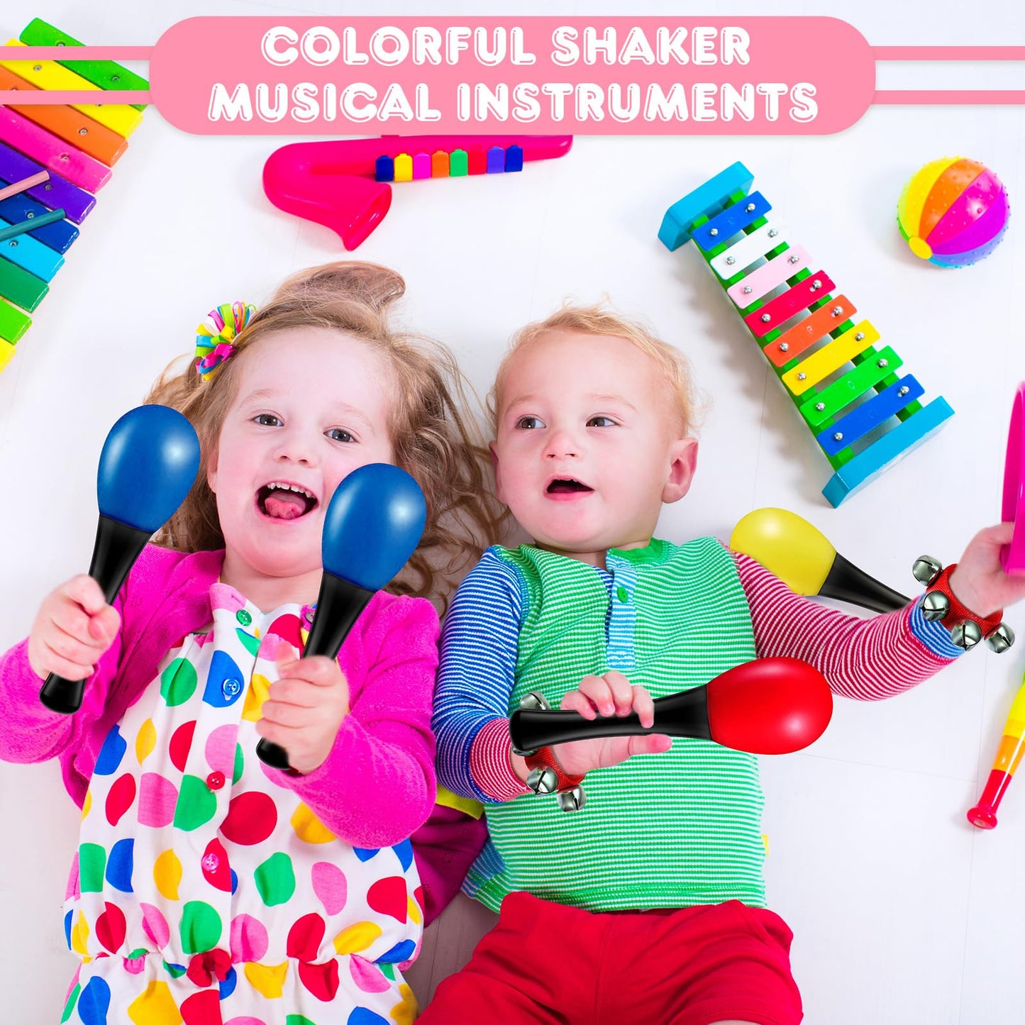 Gemscream 100 Pcs Shaker Musical Instruments for Kids, 20 Egg Shaker 20 Wrist Hand Band Jingle Bells 20 Sand Hammers Maracas Rattle 20 Rhythm Sticks and 20 Dance Scarves for Music Learning - Medaid International