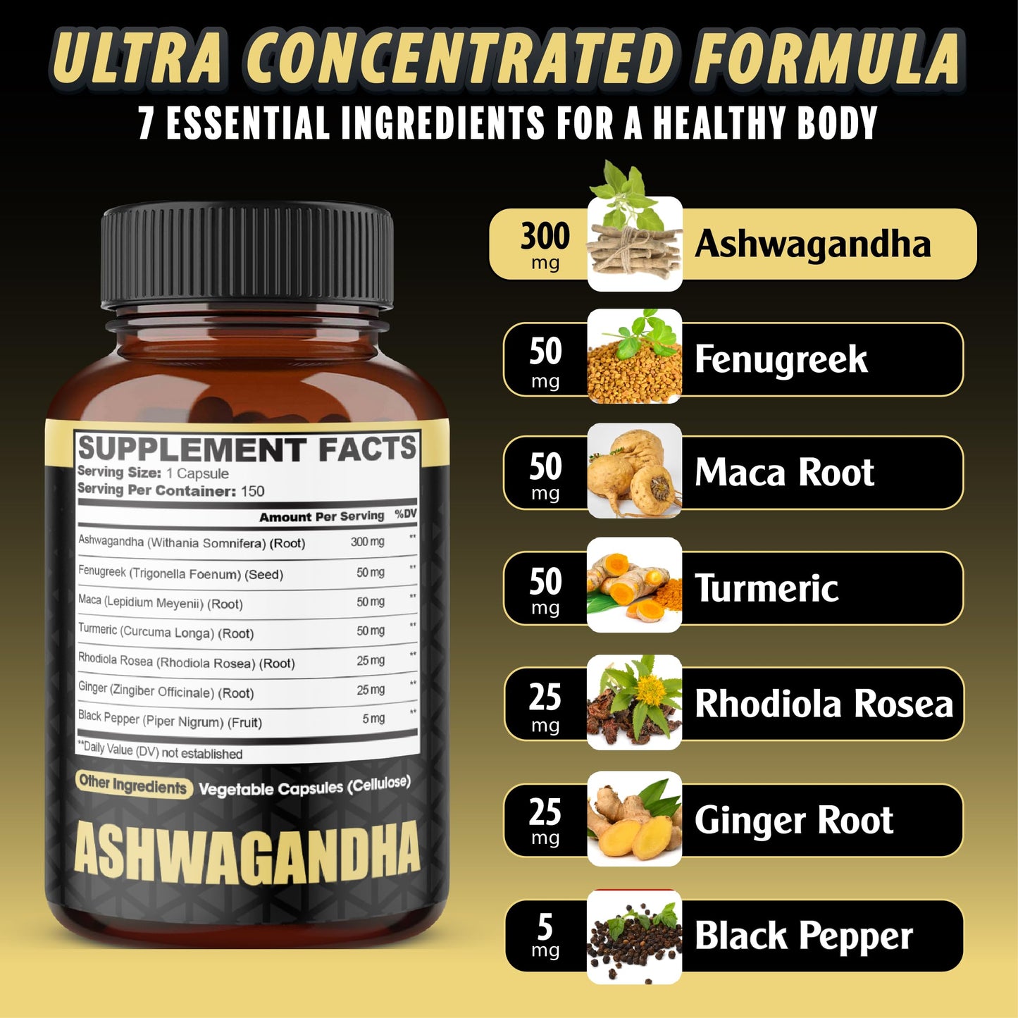 Ashwagandha Extract Capsules 7 Herbal Ingredients 8050 mg - Blended Fenugreek, Maca, Turmeric, Rhodiola, Ginger & Black Pepper - Sleep, Spirit, Immune & Energy Support - 5-Month Supply - Medaid International