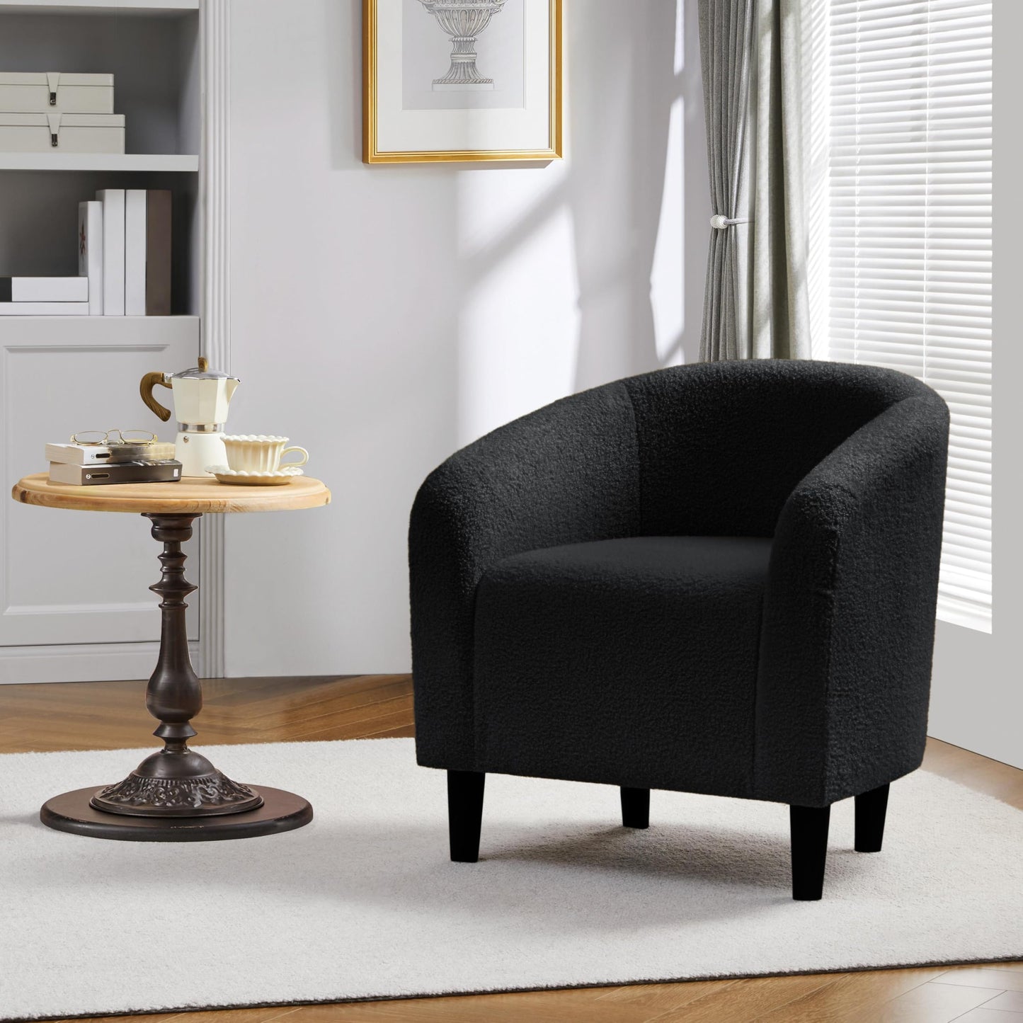 Yaheetech Accent Barrel Chair, Boucle Fabric Club Chair, Furry Sherpa Elegant Armchair with Cozy Soft Padded, Suitable for Living Room Bedroom Reception Room Office, Black - Medaid International