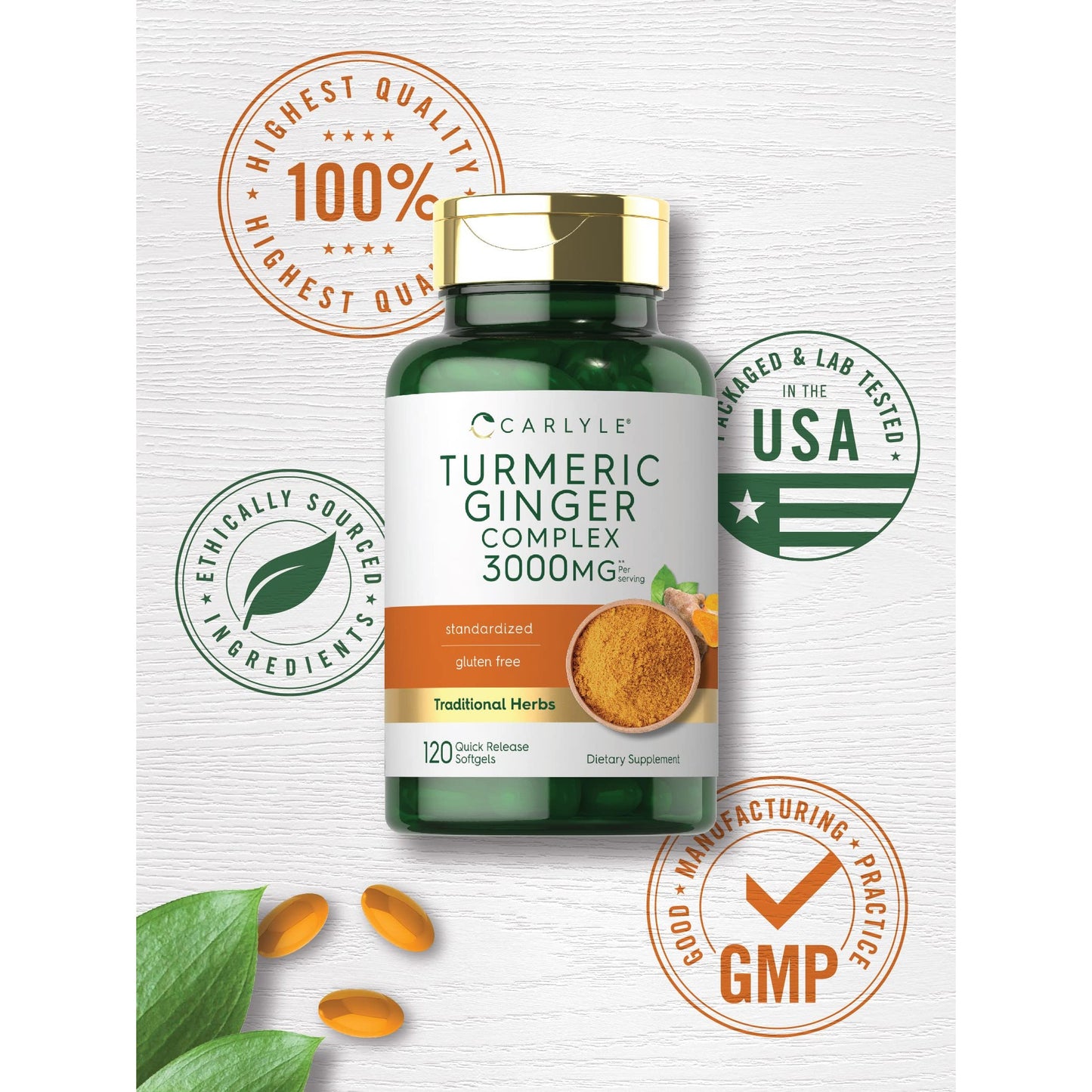 Carlyle Turmeric and Ginger Supplement 3000 mg | 120 Softgel Capsules | Turmeric Curcumin Complex | with Black Pepper Extract | Non-GMO, Gluten Free - Medaid International