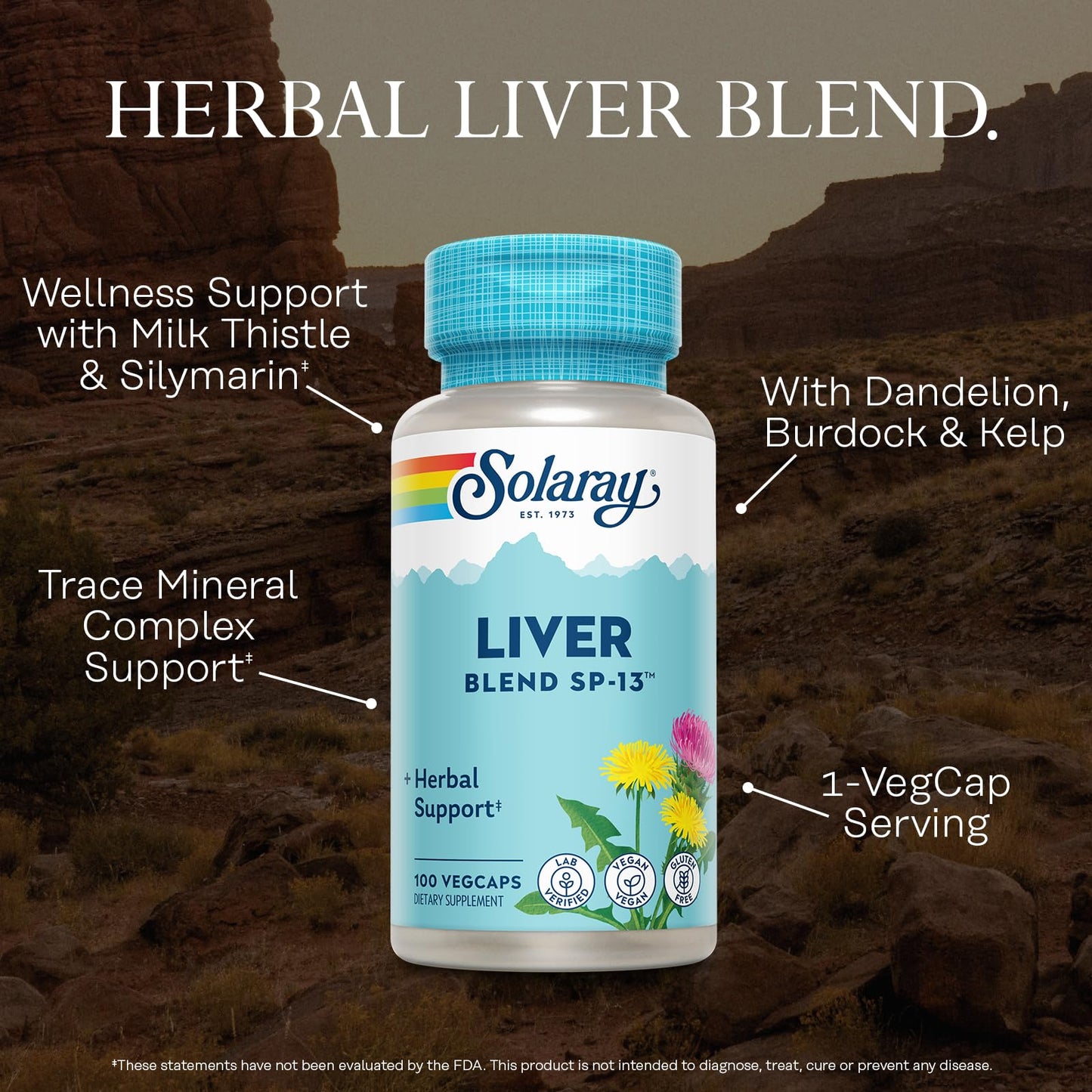 SOLARAY Liver Blend SP-13 - Traditional Herbal Support with Milk Thistle Extract, Dandelion Root, Burdock, Kelp, Peppermint and Trace Minerals - 60-Day Guarantee, 100 Servings, 100 VegCaps - Medaid International