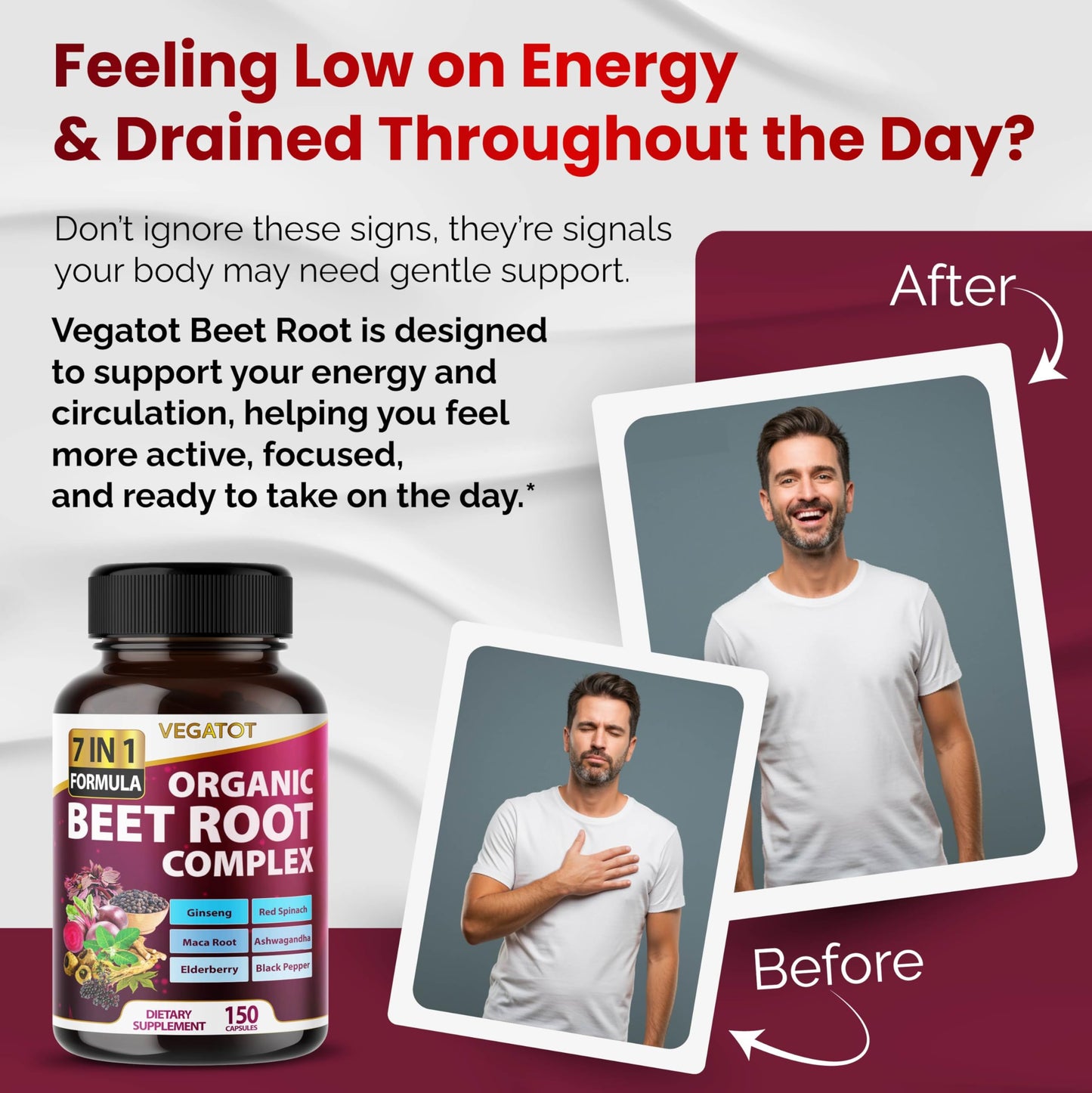VEGATOT Beet Root *USA Made and Tested* Concentrated with Ginseng Maca Root Ashwagandha - Energy Stamina Immune Support (150 Count (Pack of 1)) - Medaid International