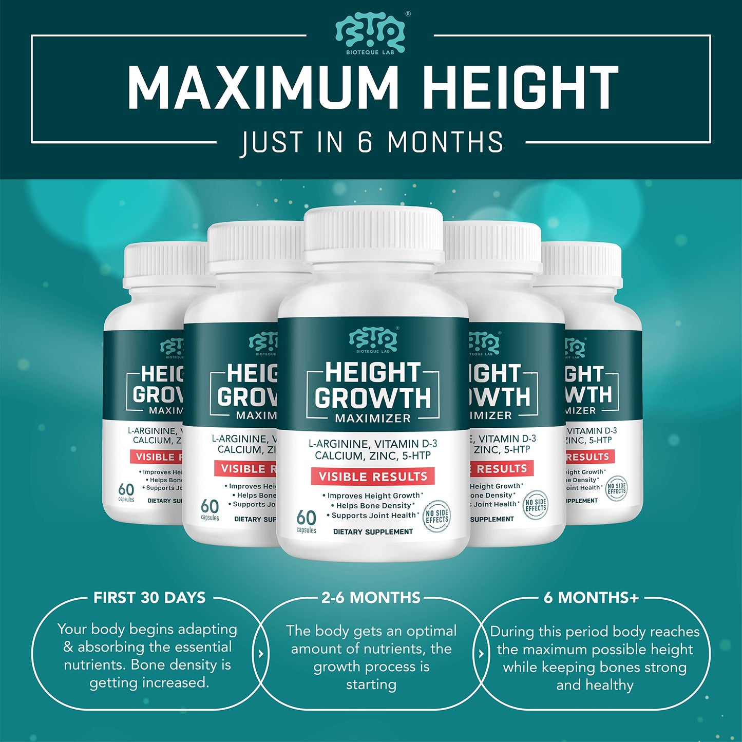 BIOTEQUELAB Height Growth Maximizer, Calcium, Vitamin D3 and Zinc Blend Pills, Bone Growth Supplement for Kids and Teens, Bone Strength, Density Support, GMO-Free, Gluten-Free, Made in USA, 60 Caps - Medaid International