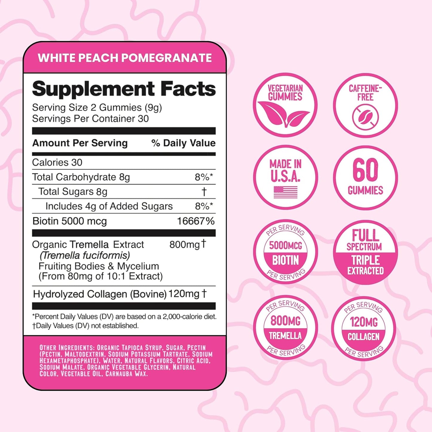 Troomy All Natural Beauty Shine Tremella Mushroom Gummies – Contains Biotin & Collagen That Supports Hair, Skin, & Nail Growth – Great Tasting Pomegranate White Peach Flavor – 60 Count - Medaid International