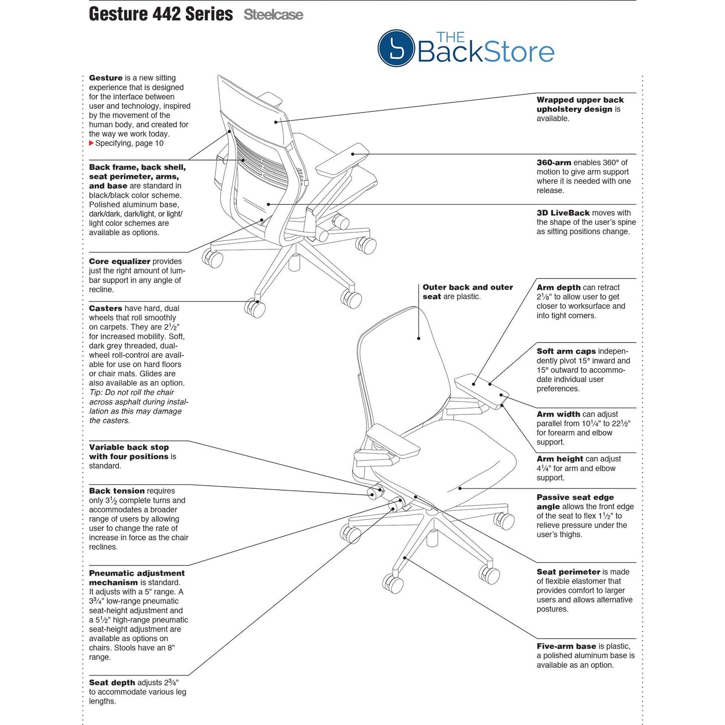 Steelcase Gesture Office Desk Chair with Headrest, Cogent Connect Licorice 5S26 Fabric, Medium Seat Height, Light on Dark Frame, Lumbar Support, and Hard Floor Casters - Medaid International