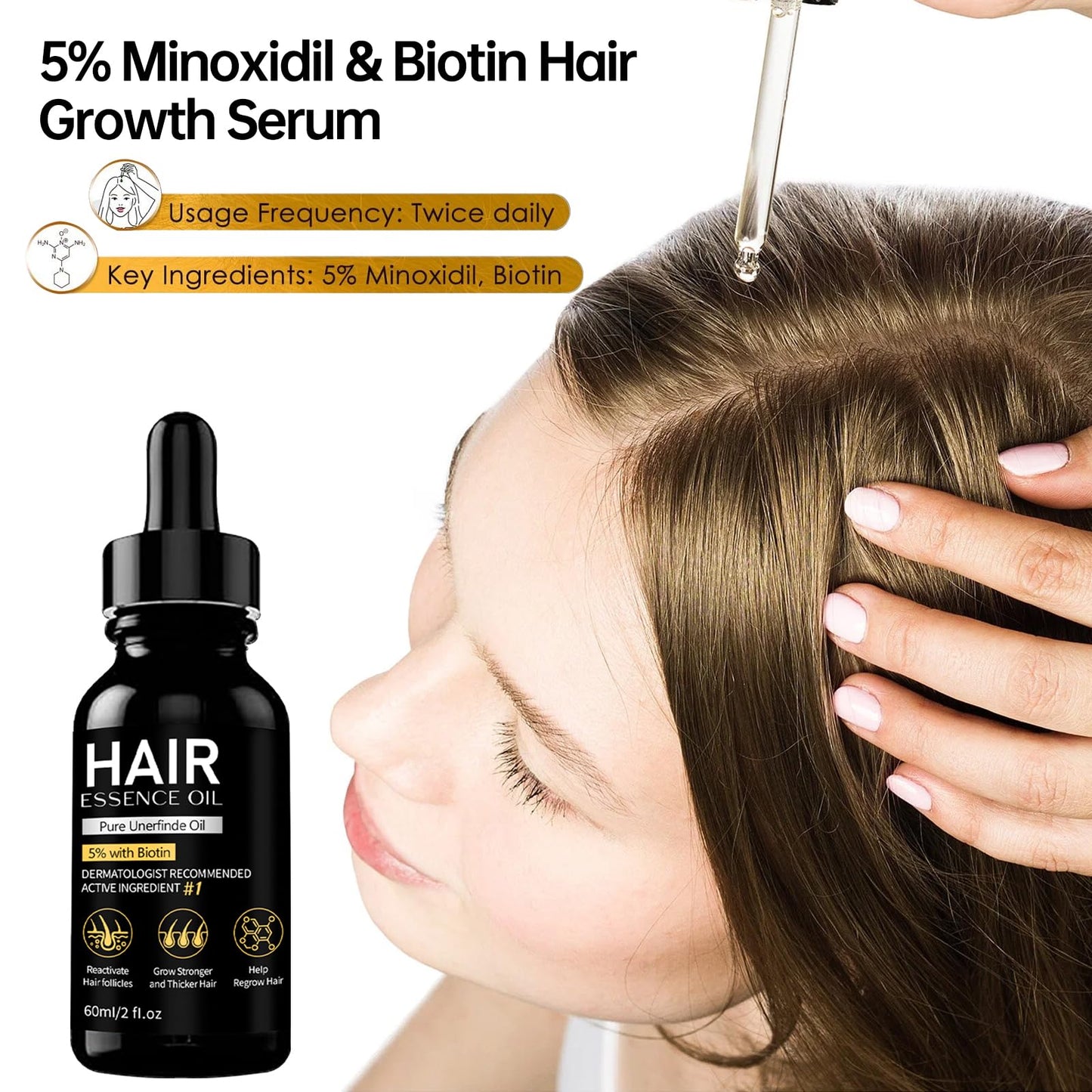 5% Minoxidil Hair Growth Serum, Natural Biotin Hair Oil for Men and Women, 2 fl oz - Medaid International