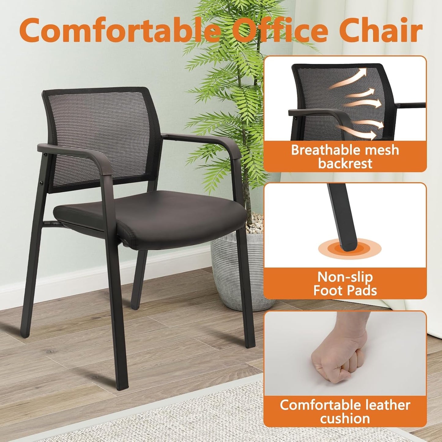CLATINA Stackable Office Chair, Mesh Back Guest Chairs with Comfortable Leather Seat Arms Stacking Ergonomic Desk Chair No Wheels for Conference Waiting Reception School Stationary, Black, Set of 8 - Medaid International