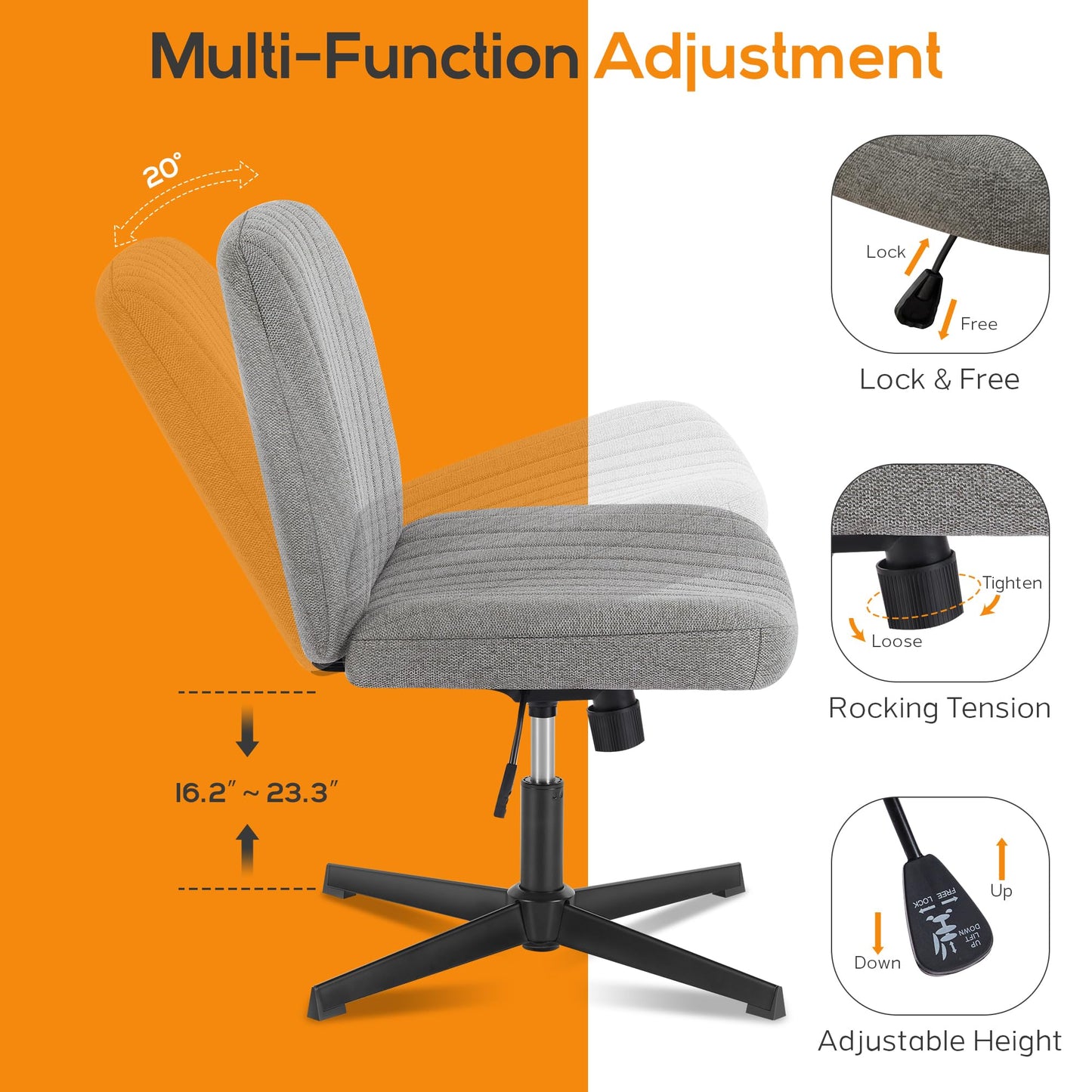 DUMOS Criss Cross Chair Legged Office Wide Comfy Desk Seat, No Wheels Armless Computer Task Seating, Swivel Vanity Home Height Adjustable - Medaid International
