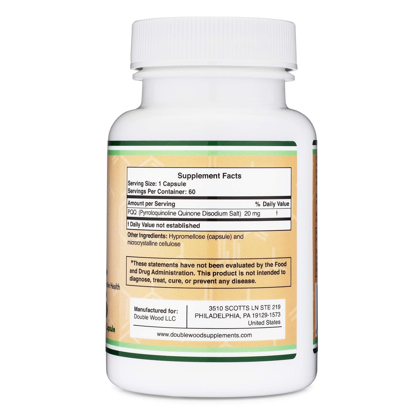 PQQ Supplement - 20mg, 60 Capsules (Pyrroloquinoline Quinone) Promotes Mitochondria ATP Coenzyme Levels, Energy Optimizer and Sleep Support (Non-GMO, Gluten Free, Vegan Safe) by Double Wood - Medaid International
