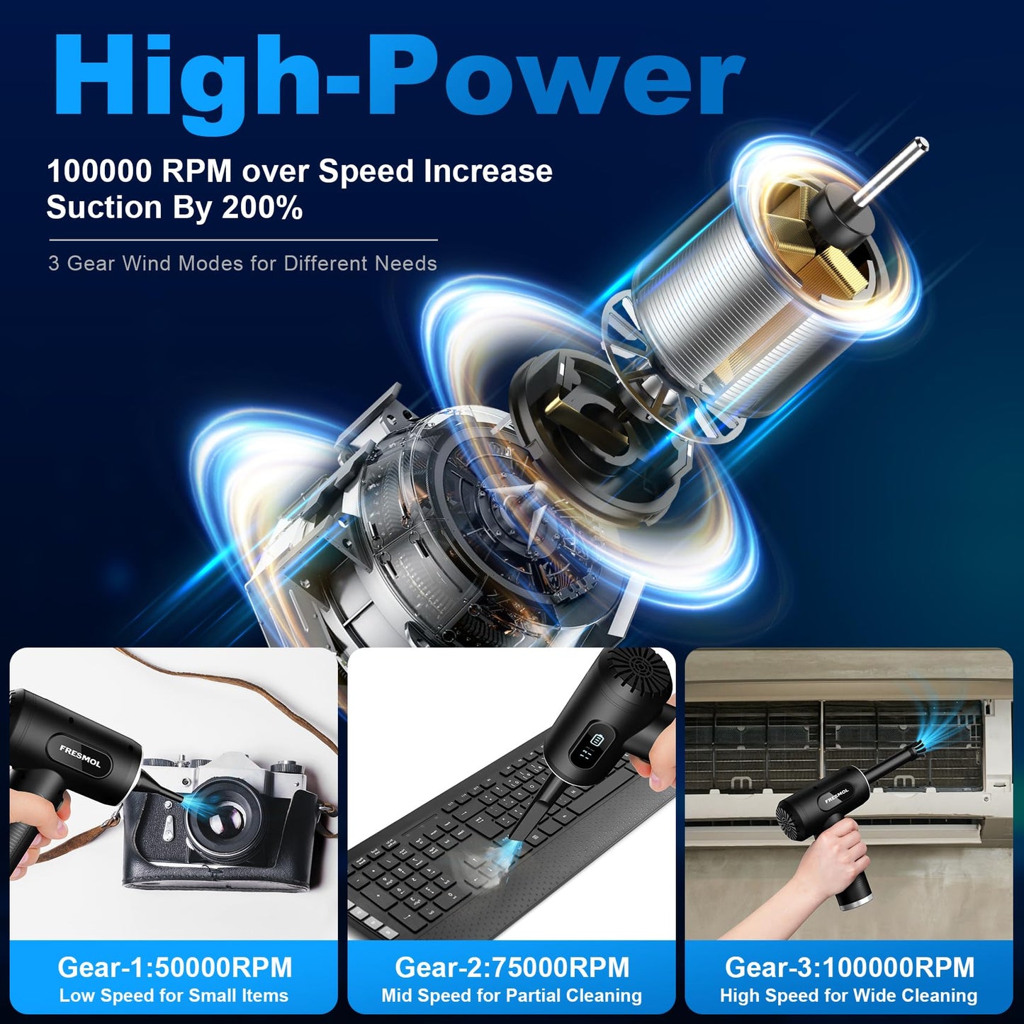 Compressed Air Duster-3 Gear Adjustable 100000RPM Electric Air Duster with LED Light, Rechargeable Cordless Air Blower for Keyboard Electric Devices Cleaning. Replaces Compressed Air Cans (Black) - Medaid International