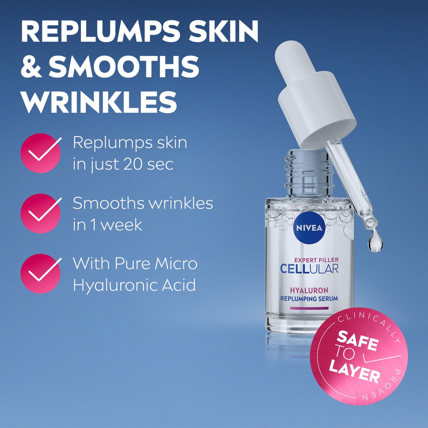 NIVEA Cellular Expert Filler Hyaluron Acid Replumping Serum (15ml), Anti-Ageing For Visibly Smoother, Hydrated, and Supple Skin, Dermatologically Approved Hyaluronic Acid Serum, Mini Size - Medaid International