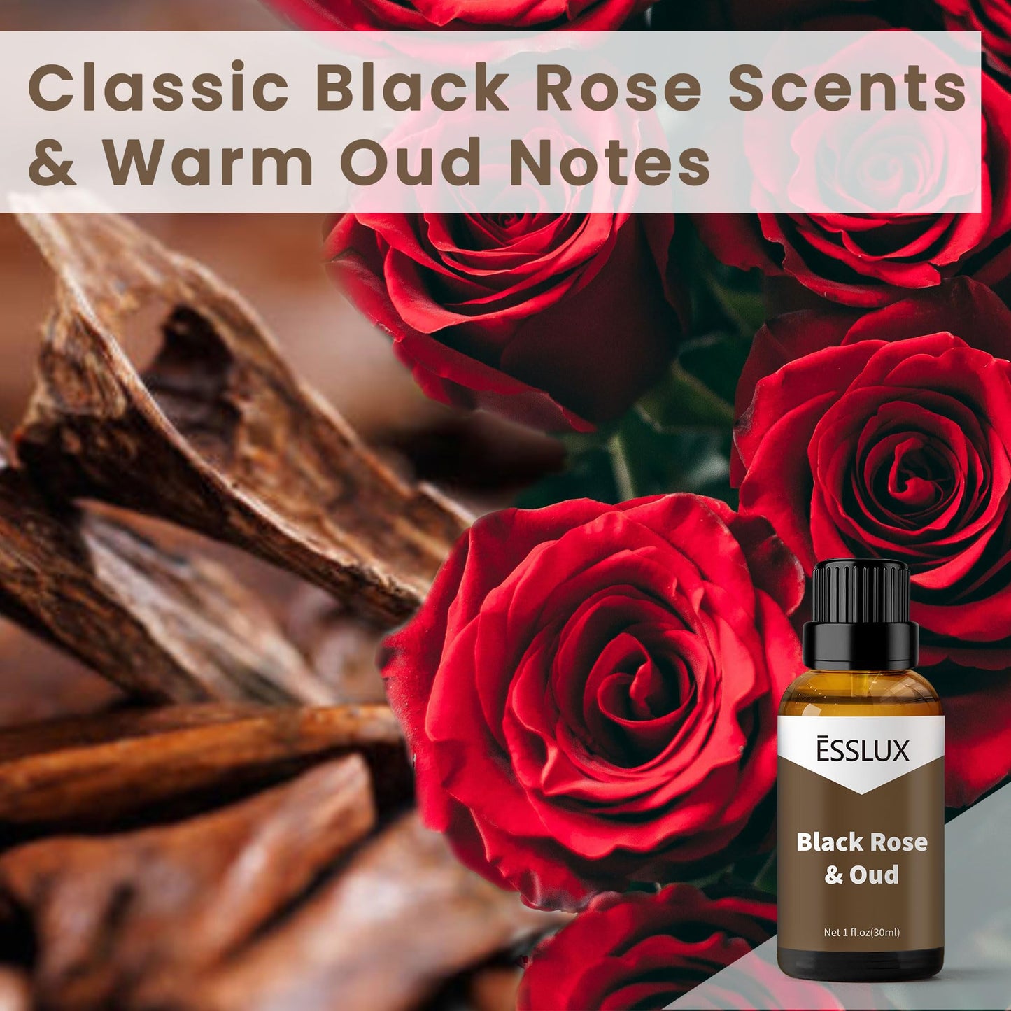 Black Rose & Oud Fragrance Oil - ESSLUX Essential Oils for Diffuser, Candle Soap Making Scents, Aromatherapy Scented Massage, Perfume for Humidifier Home Fragrance, 1 fl oz - Medaid International
