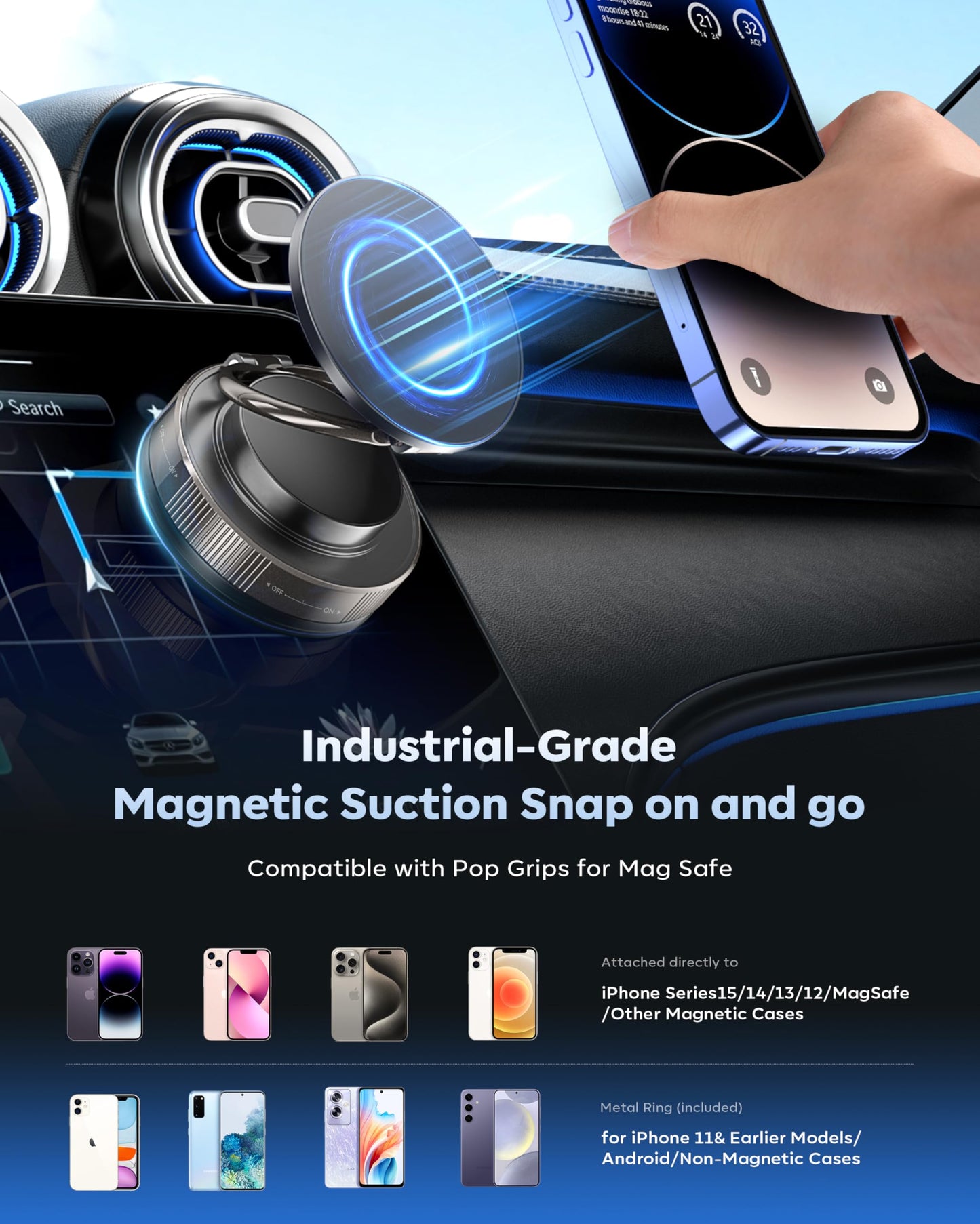 MARUVI Vacuum Magnetic Phone Holder for Car,2800gf Strong Magnetic Phone Mount,360° Adjustable & Reinforced Suction Cup for Dashboard/Gym/Mirror,Car Phone Holder Compatible with iPhone Android(Black) - Medaid International