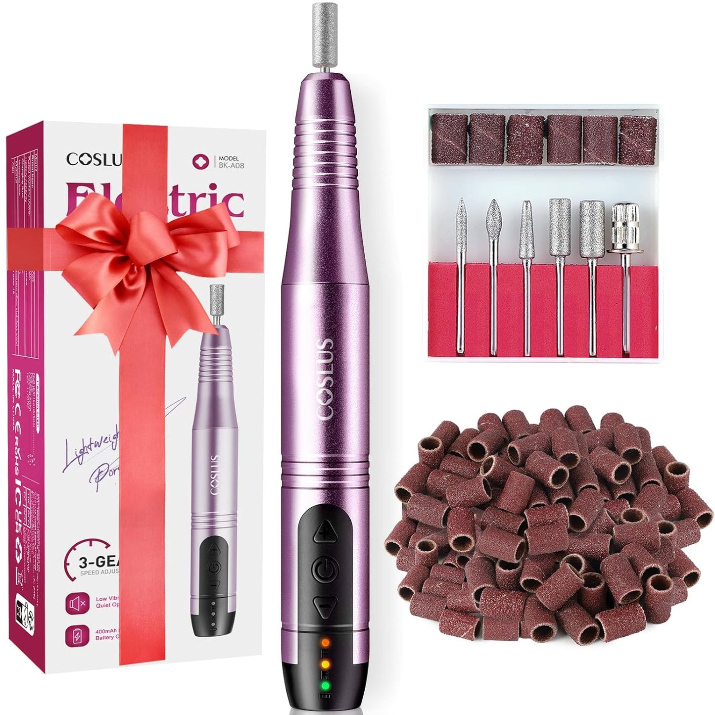 COSLUS Cordless Nail Drill Electric File: Professional for Acrylic Gel Dip Powder Nails Portable Nail Drill Machine Kit for Manicure Pedicure Nail Set with Everything Rechargeable Lightweight Purple - Medaid International