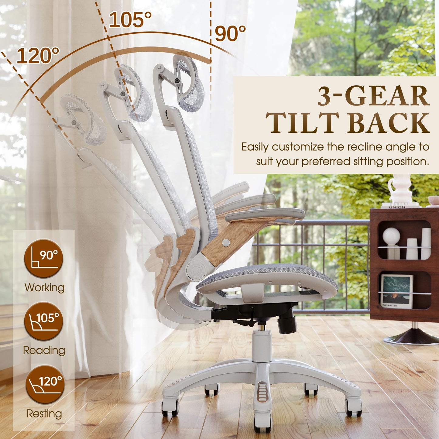 GABRYLLY Ergonomic Office Chair, High Back Home Desk Chair with Flip-Up Arms, Headrest, 90-120° Tilt and Wide Cushion, 400LBS White Mesh Chair for Work Gaming Study (GY01-NT, Woodgrain Pattern) - Medaid International