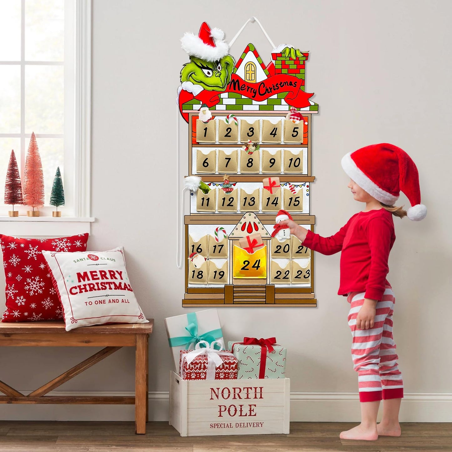 KOUPA Hanging Christmas Countdown Advent Calendar, Santa Grinch Green Haired Monster Decoration, Reusable Xmas Gift for Holiday Party Winter - Medaid International