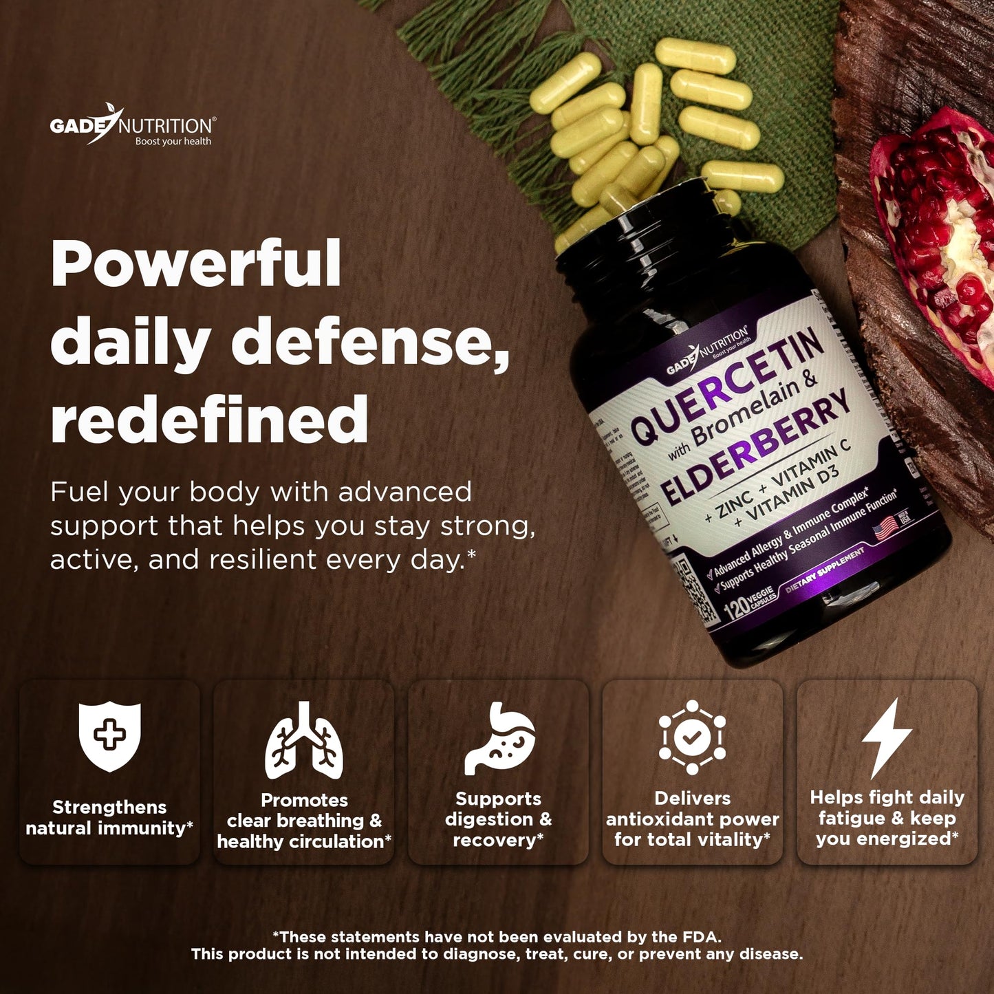 Gade Nutrition Quercetin with Bromelain & Elderberry | Quercetin with Vitamin C and Zinc | Zinc Quercetin 500mg with Vitamin D3 | Daily Immune Support Supplement - 2 Months Supply - Medaid International