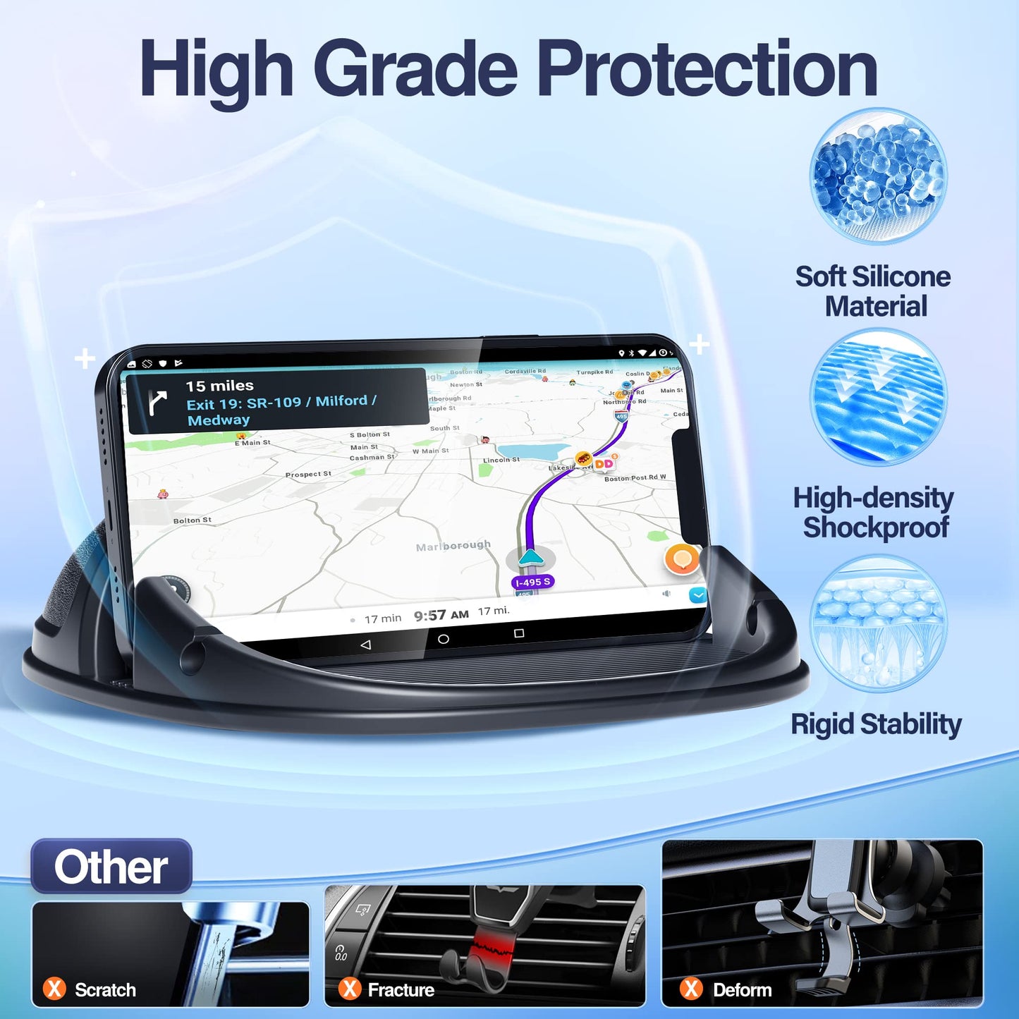 Loncaster Car Phone Holder, Car Phone Mount Silicone Car Pad Mat for Various Dashboards, Slip Free Desk Phone Stand Compatible with iPhone, Samsung, Android Smartphones, GPS Devices and More, Black - Medaid International