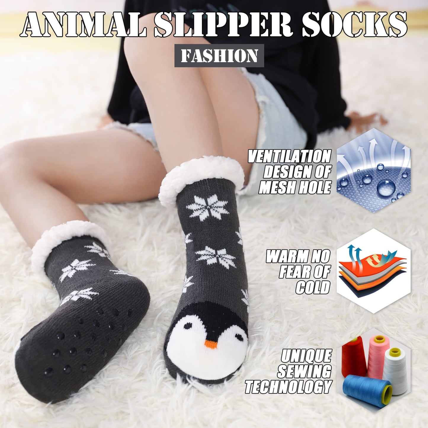 TRUEHAN Kids Girls Boys Slipper Socks Soft Thick Cozy Fuzzy Animal Anti-Slip Winter Thermal Christmas Socks Indoor (Snowflake Penguin, 4-7 Years) - Medaid International