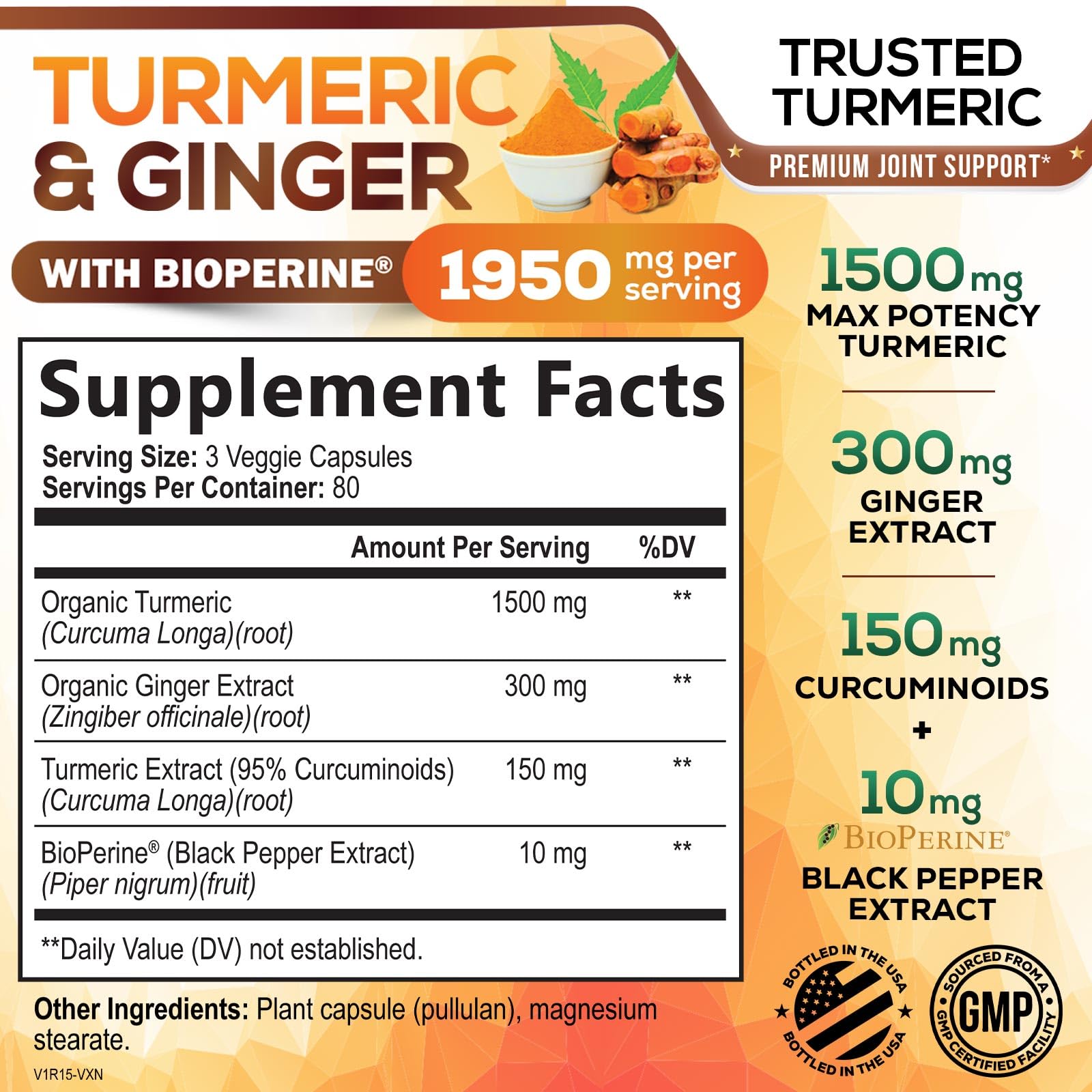 Turmeric Curcumin Supplement 1950mg - 95% Curcuminoids with Organic Turmeric & Ginger, BioPerine Black Pepper for Best Absorption, Nature's Vegan Joint Support, Non-GMO, Bottled in USA - 240 Capsules - Medaid International