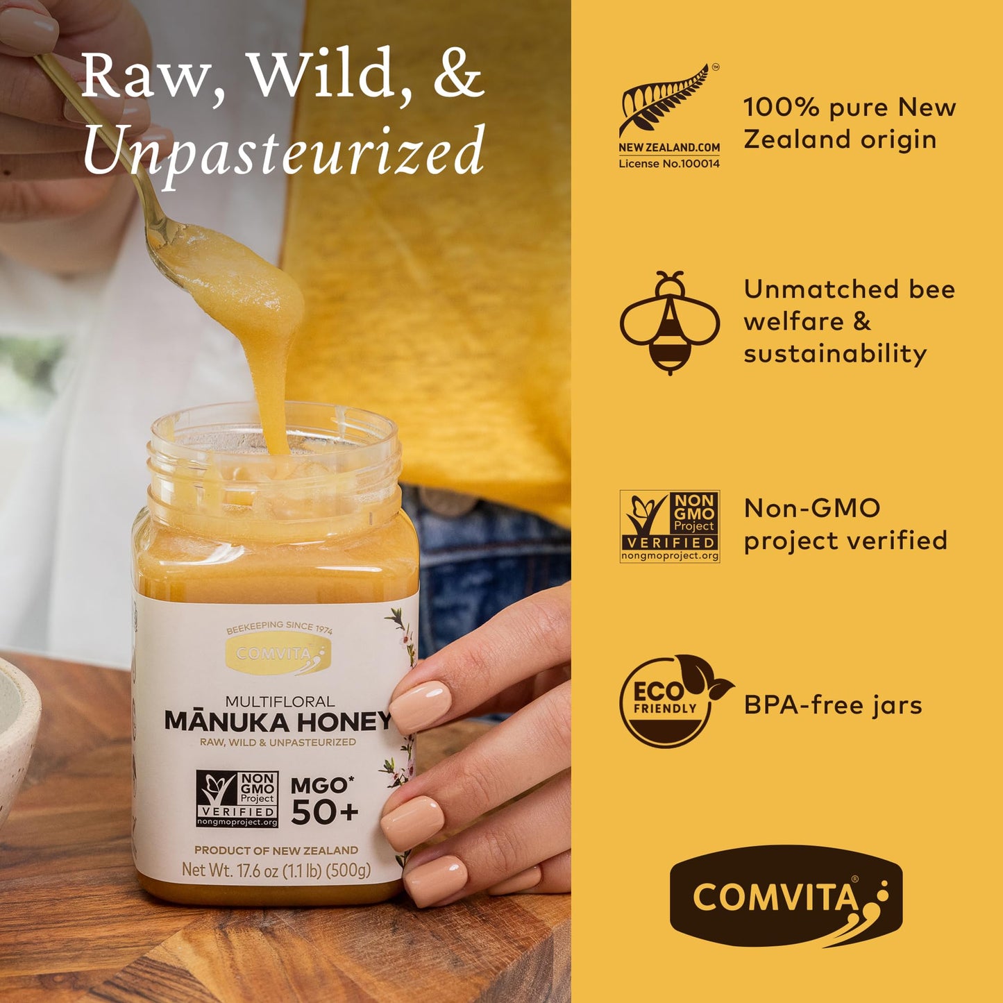Comvita Manuka Honey MGO 50+ Multifloral - Raw Manuka Honey New Zealand, Pure & Unpasteurized for Tea & Wellness, Superfood Sugar Alternative, Wild, Non-GMO - 500g (17.6 oz) - Medaid International