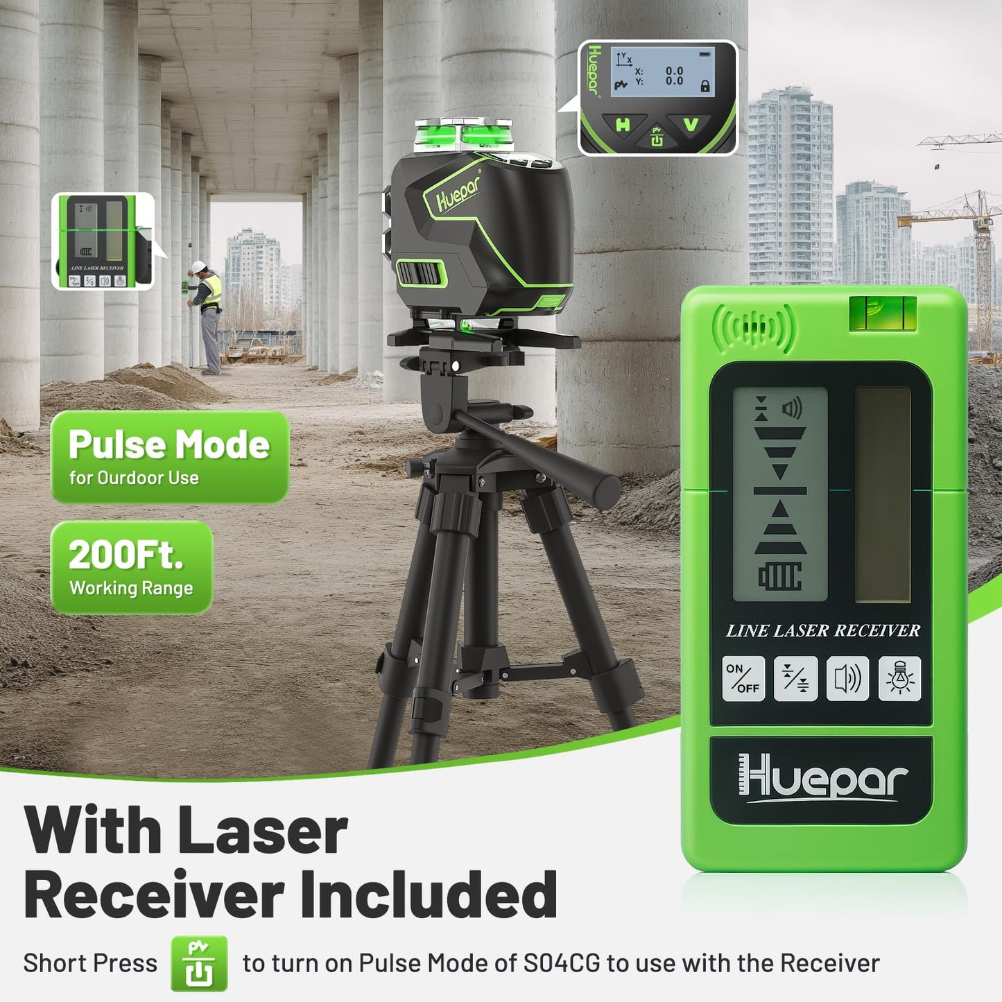 Huepar 16 Lines Self Leveling Laser Level 4x360° Cross Line Laser with Receiver -LCD Screen, 4D Bluetooth Green Beam Tiling Floor Laser Tool, 360° Horizontal/Vertical Laser Kit -Remote Control S04-5RG - Medaid International