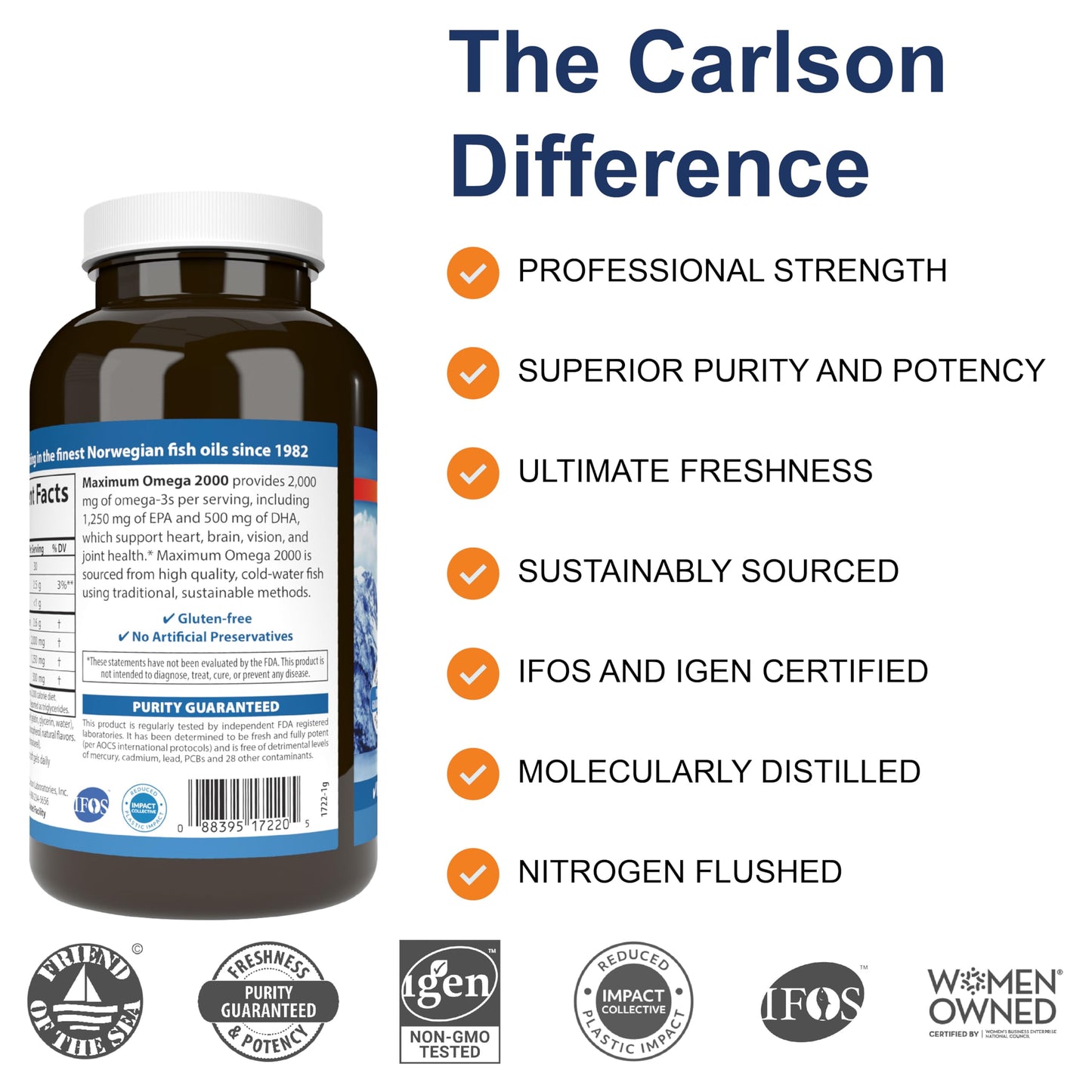Carlson - Maximum Omega 2000, 2000 mg Omega-3 Fatty Acids Including EPA and DHA, Wild-Caught, Norwegian Fish Oil Supplement, Sustainably Sourced Fish Oil Capsules, Lemon, 180 Softgels - Medaid International