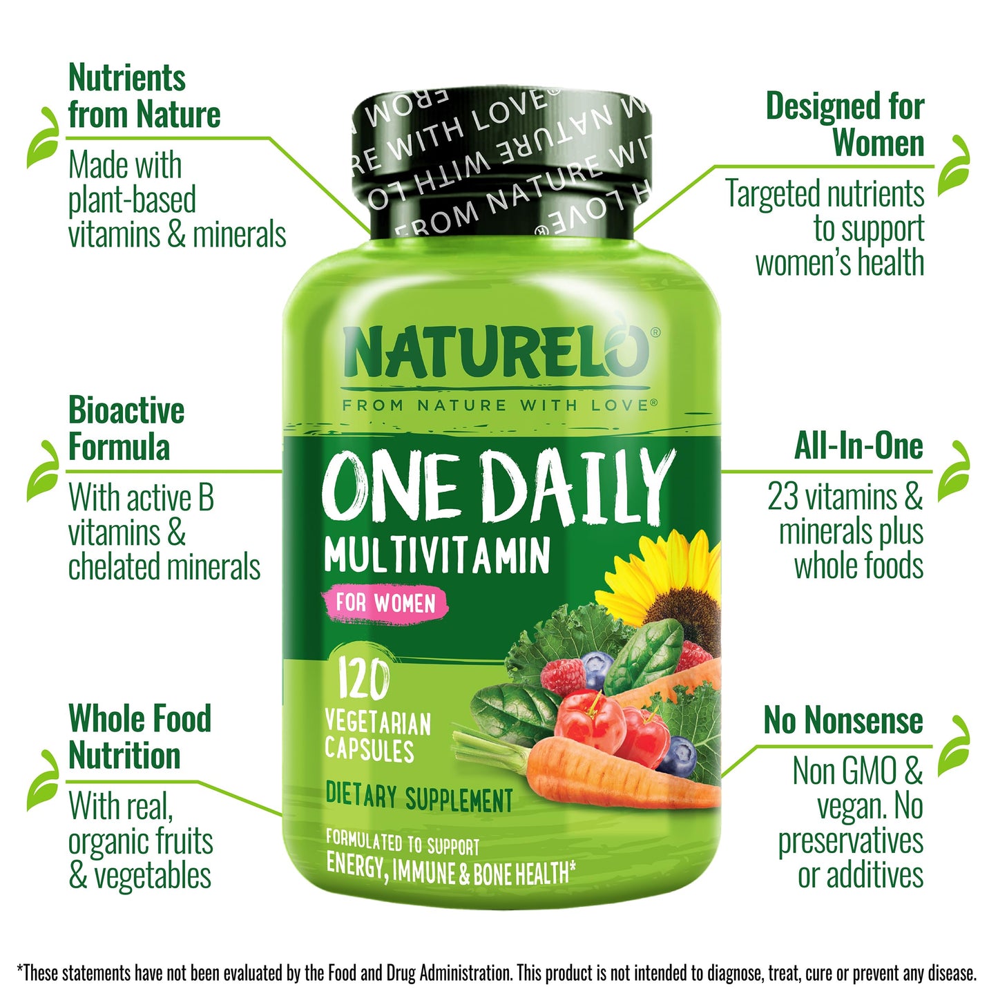 NATURELO One Daily Multivitamin for Women - Energy Support - Whole Food Supplement to Nourish Hair, Skin, Nails - Non-GMO - No Soy - Gluten Free - 120 Capsules - 4 Month Supply - Medaid International