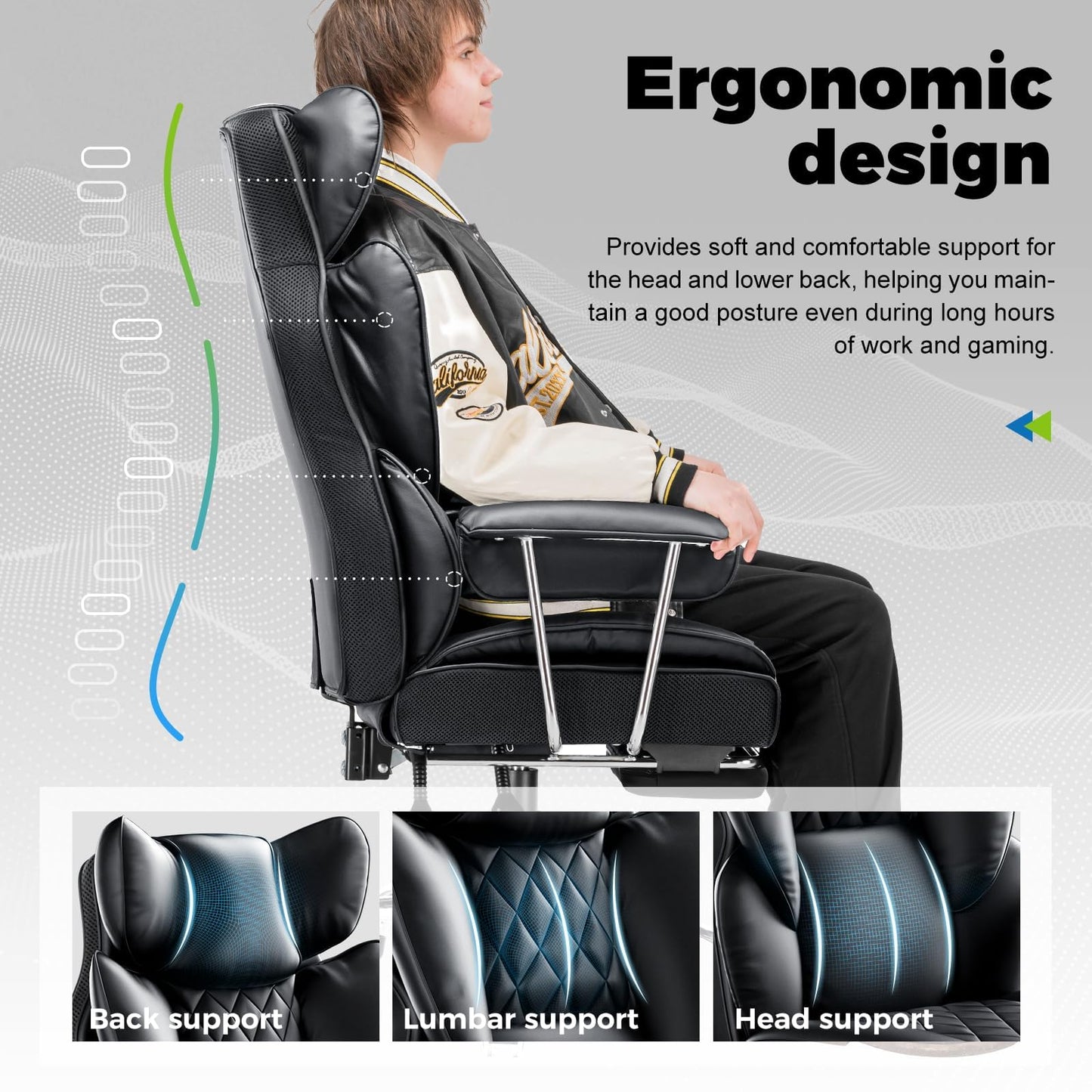 COMHOMA Big and Tall Office Chair, High Back Leather Gaming Chair with Footrest, Executive Ergonomic Office Chair with Pocket Spring Lumbar Support and with Outward Fixed Soft Armrests - Medaid International