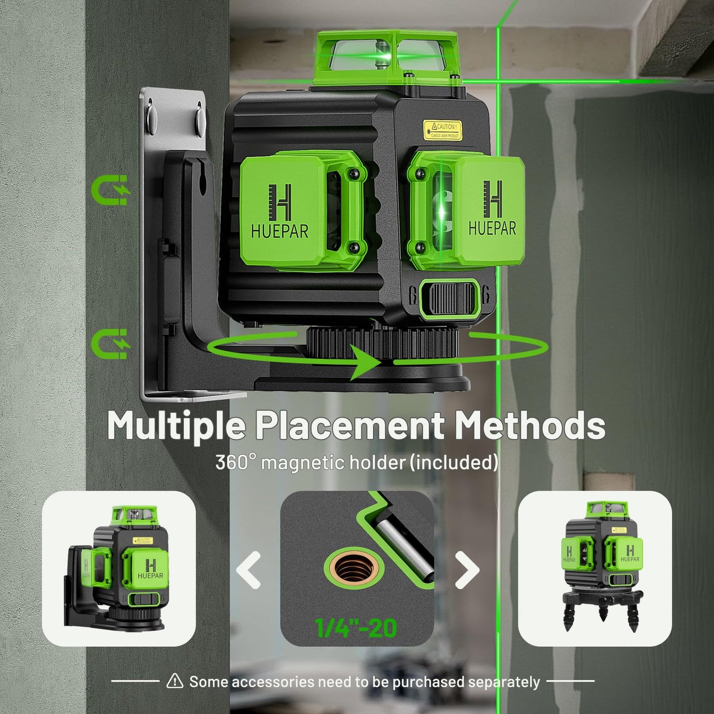Laser Level 360 Self Leveling with 47" Tripod, Huepar 3x360° High Brightness Green Laser Leveler Tool for Construction, Tile and Picture Hanging, 5200 mAh Li-ion Battery & 2 Portable Bag Included - Medaid International
