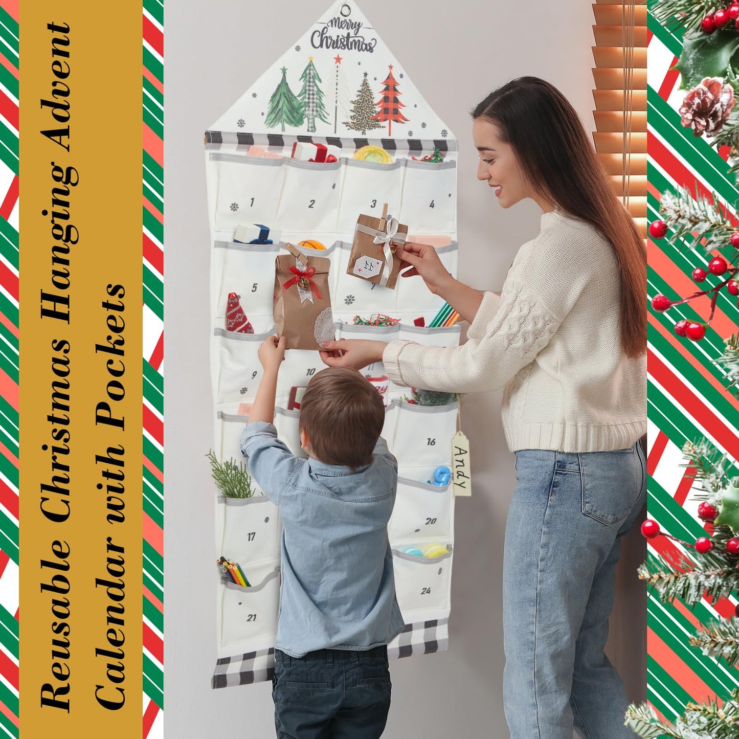 SATINIOR Christmas Fabric Advent Calendar with 24 Pockets Reusable Empty Advent Calendar Wall Hanging Bag Countdown Cloth for Xmas Holiday Wall Decoration - Medaid International