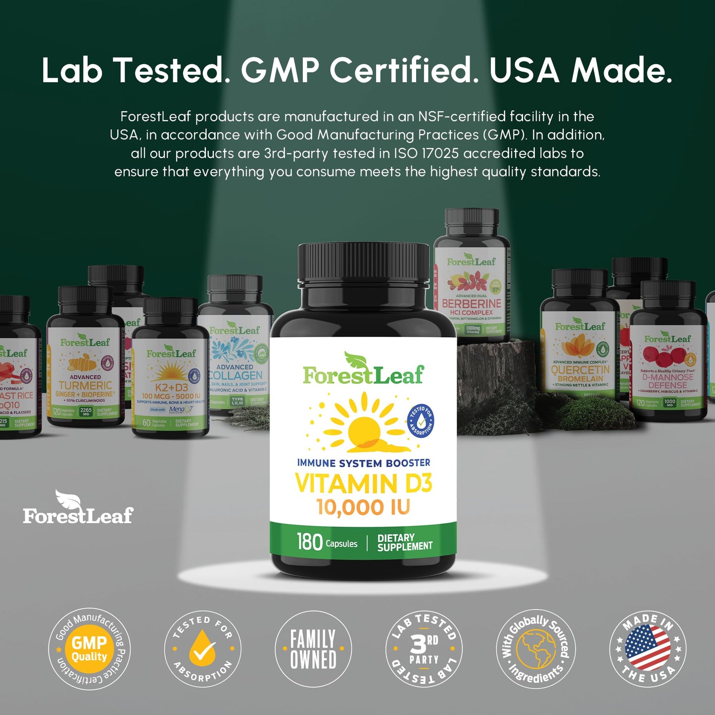ForestLeaf Vitamin D3 10,000 IU | VIT D - VIT D3 Vitamin D Supplements for Women and Men | Bone Health, Teeth and Immune Support | Easy to Swallow Pills | High Potency Daily, 6-Month Supply, 180 Caps - Medaid International