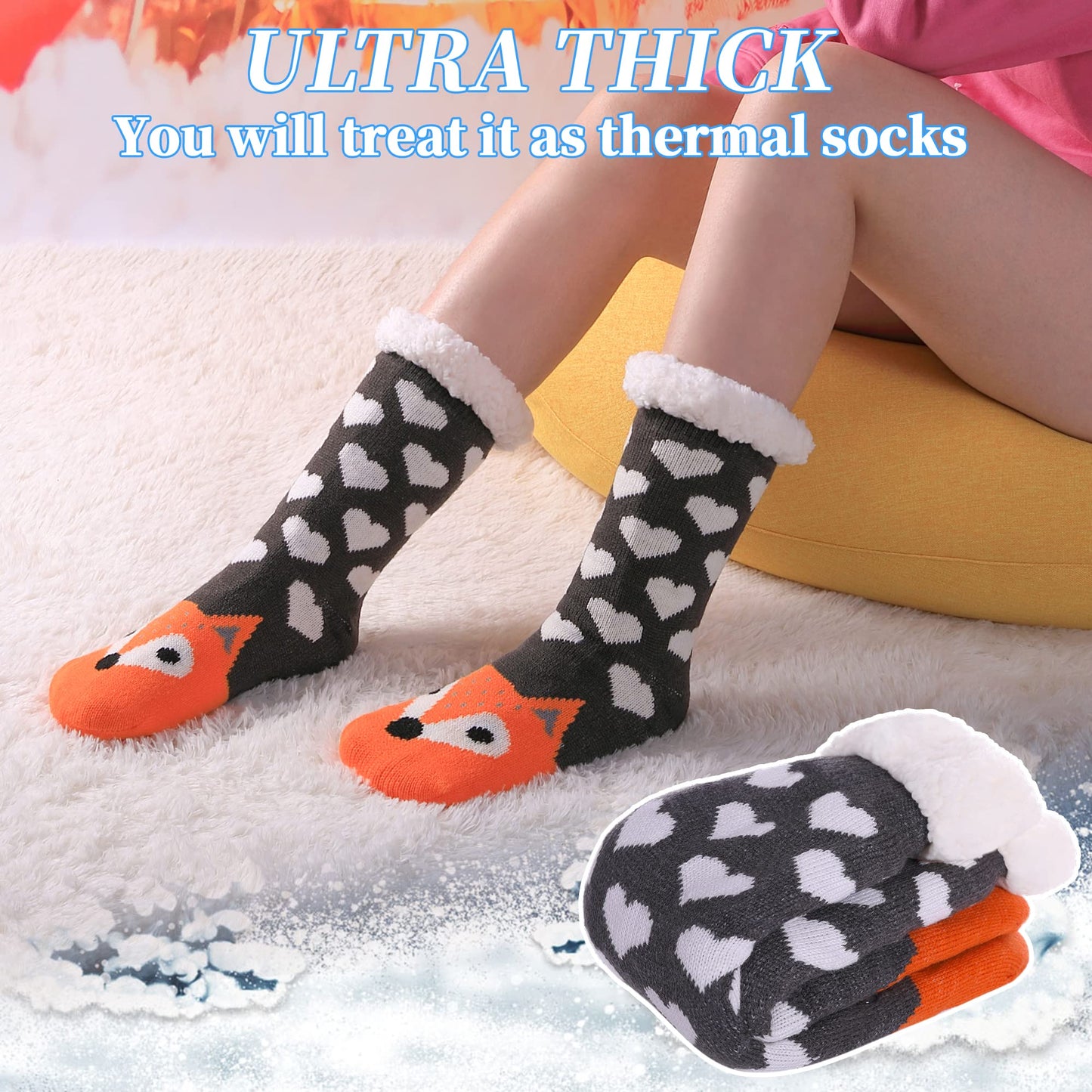 DYW Women Winter Thick Slipper Socks with Grippers Non Slip Warm Fleece Lining Fluffy Fuzzy Socks Christmas Gifts (Fox) - Medaid International