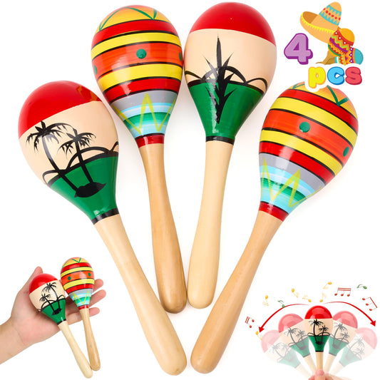 JOYIN 4 PCS Cinco De Mayo 7.6" Wooden Maracas for Kids, Maraca Magic, Wooden Rattle Noisemaker for Mexican Fiesta Party Favors, Musical Fun Parties, Luau Party, Carnivals, Taco Tuesday Event - Medaid International