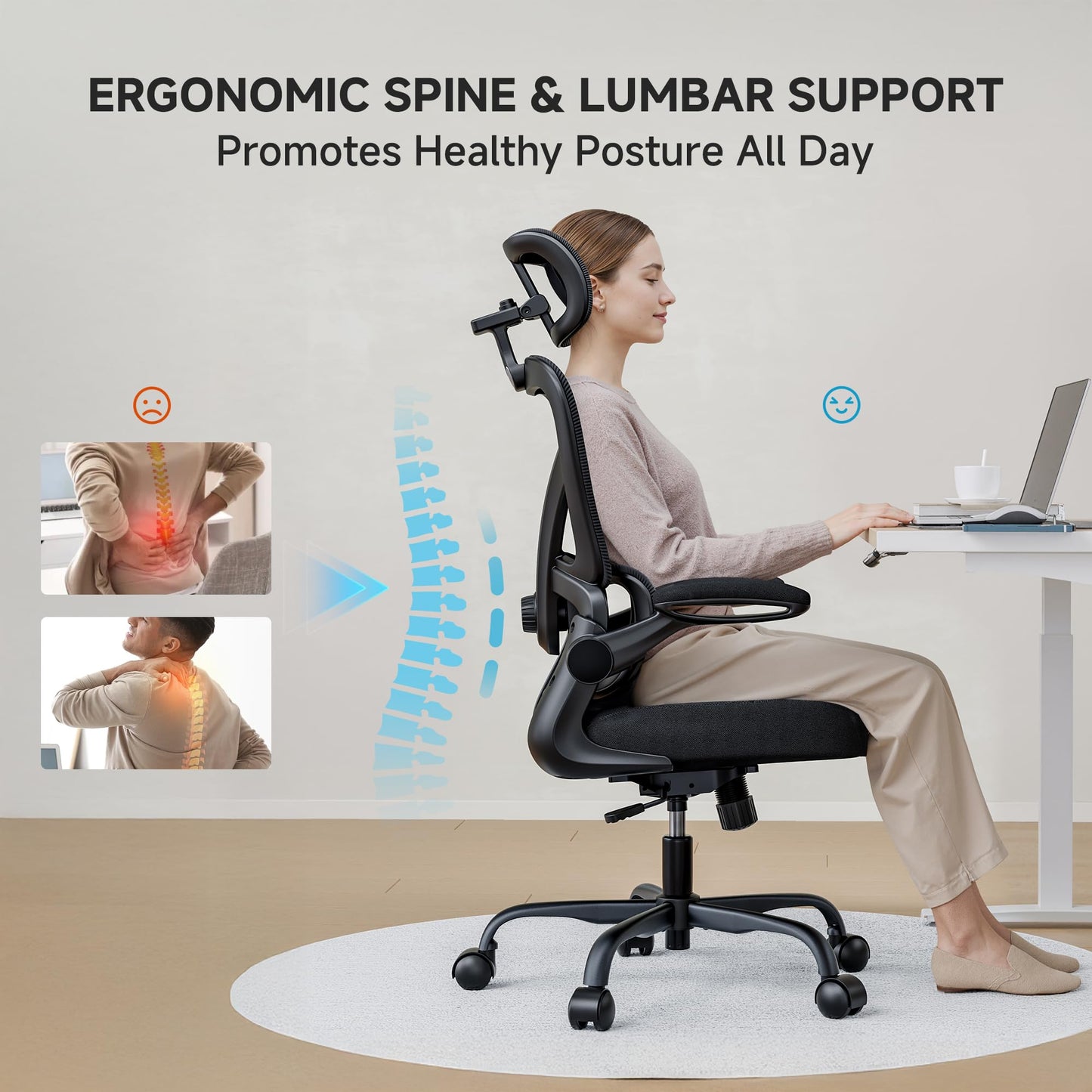 PKPT Ergonomic Desk Chair with Adjustable Lumbar Support & Headrest, 330 LBS High Back Mesh Office Chair with Adjustable Armrest for Long Hours, Executive Large Computer Chair, Black - Medaid International