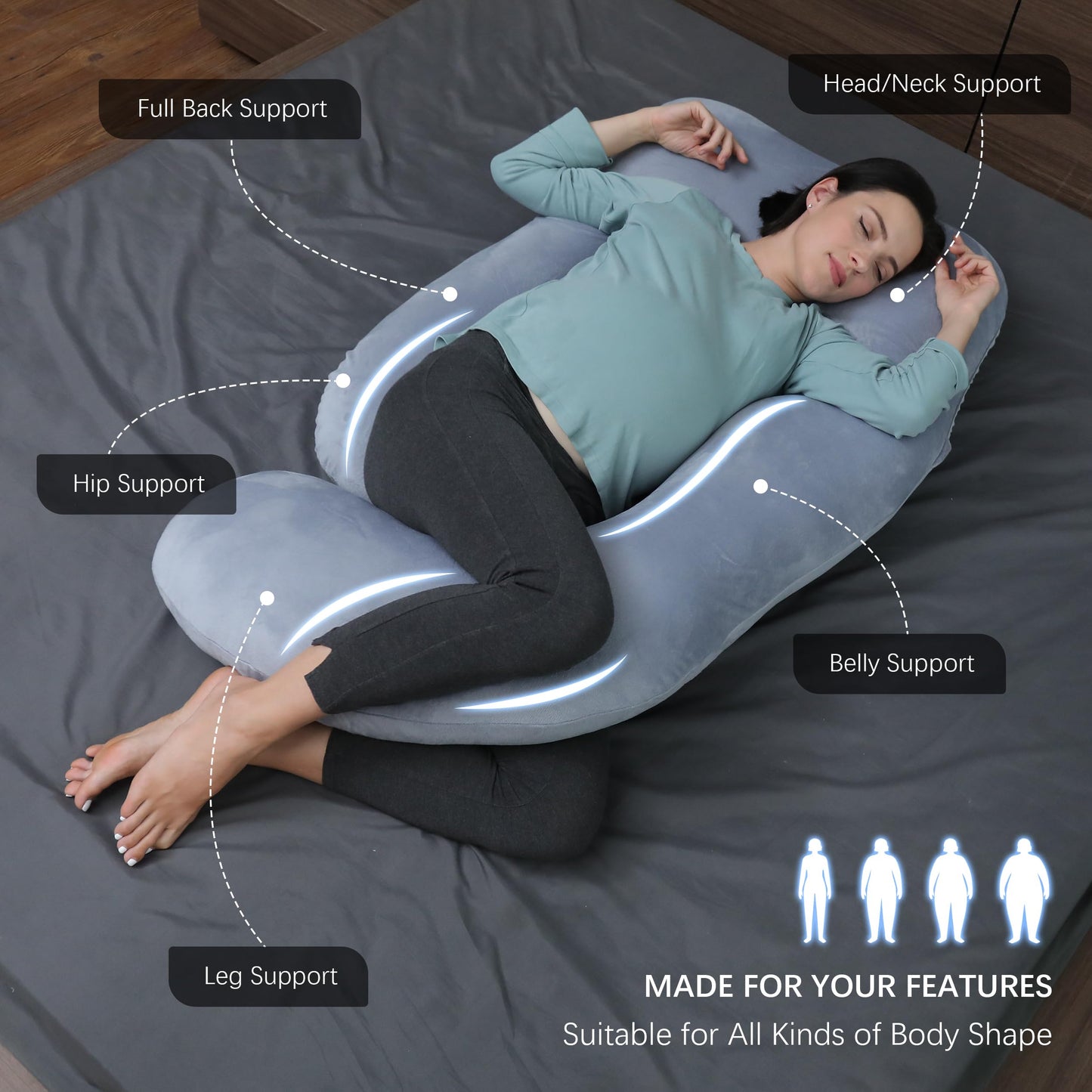 MOON PARK Pregnancy Pillows for Sleeping - U Shaped Full Body Maternity Pillow with Removable Cover - Support for Back, Legs, Belly, HIPS - 57 Inch Pregnancy Pillow for Women - Grey - Medaid International