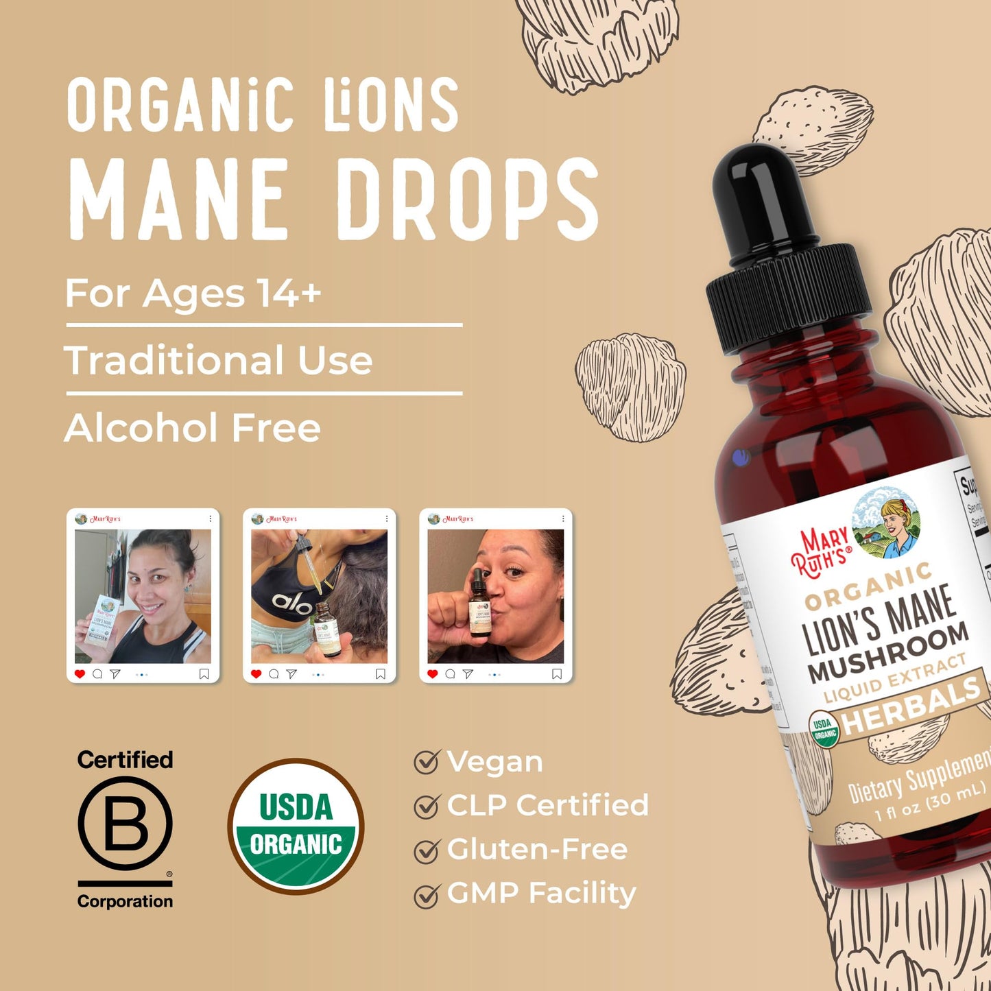 MaryRuth Organics Lions Mane Mushroom Supplement, Up to 1 Month Supply, Nootropic USDA Organic Lions Mane Extract Nervine Herbal Liquid Drops, Brain Health Non-GMO Vegan Alcohol Free Tincture, 1 Fl Oz - Medaid International