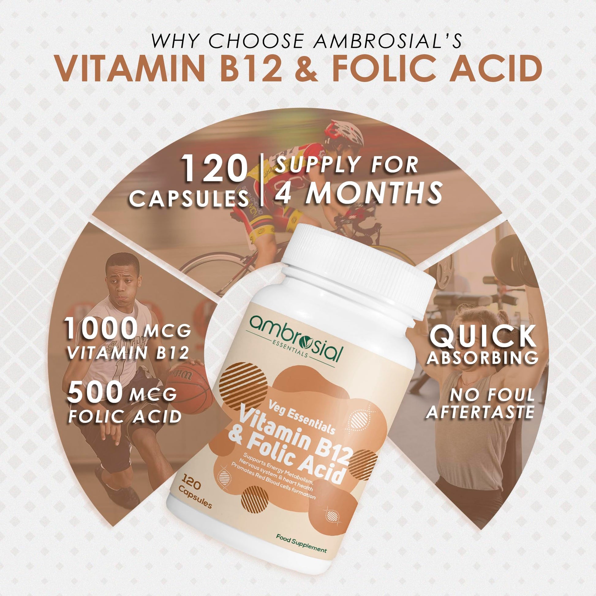 AMBROSIAL Vitamin B12 1000 mcg + 500 mcg Folic Acid Pack of 1-120 Capsules - Medaid International