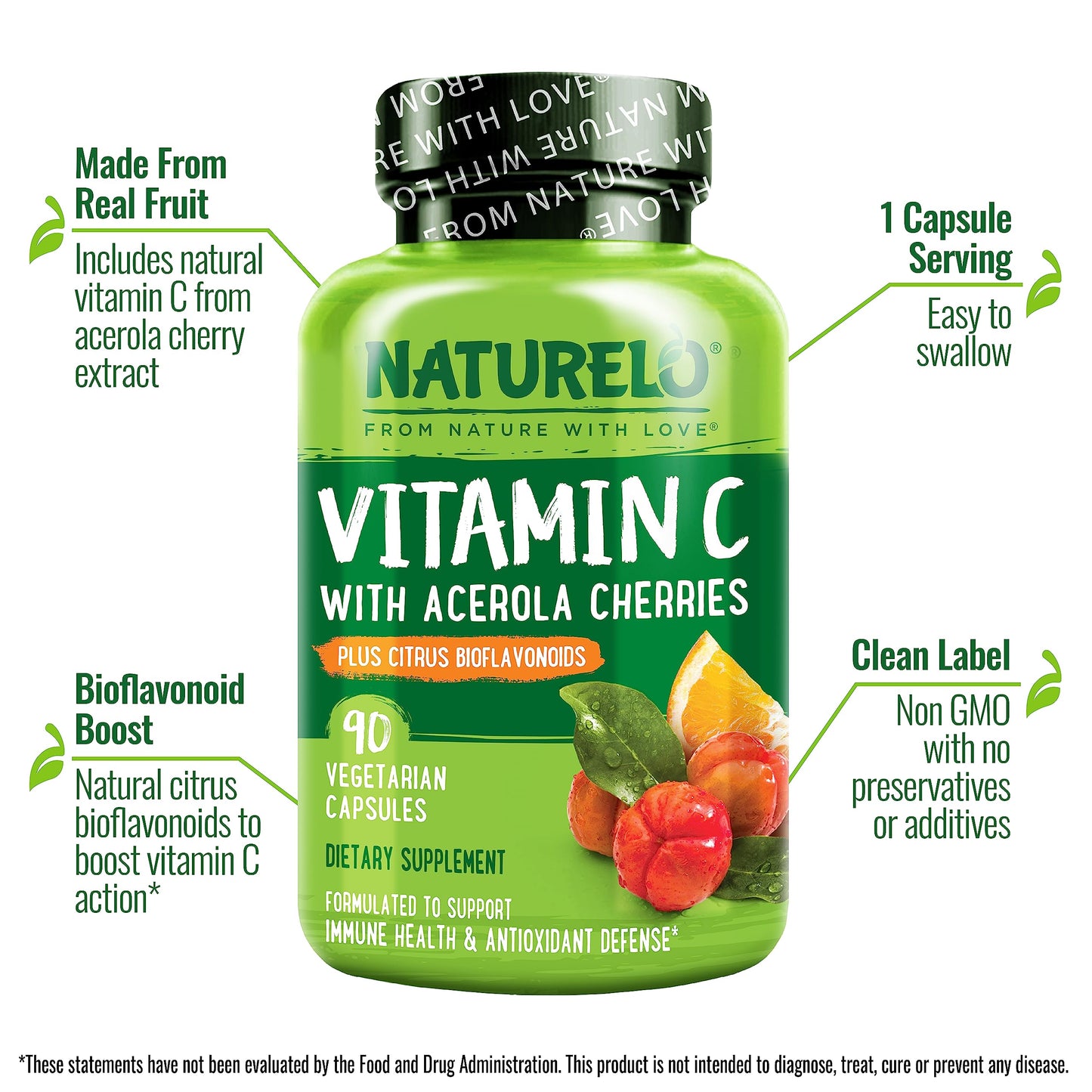NATURELO Vitamin C with Organic Acerola Cherry Extract and Citrus Bioflavonoids - Vegan Supplement - Immune Support - 500 mg VIT C per Cap - Non-GMO - 90 Capsules - Medaid International