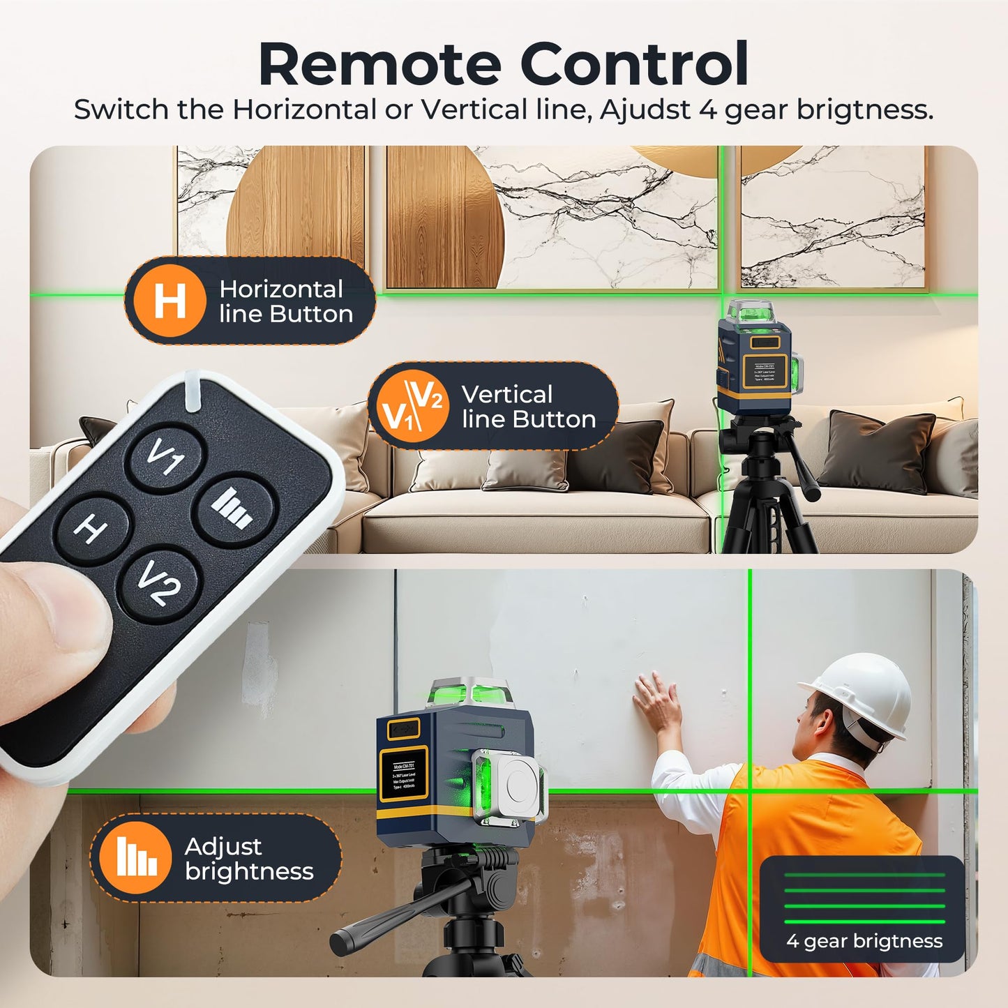 CIGMAN Laser Level Self Leveling 3x360° 3D Green Cross Line for Construction and Picture Hanging, Rechargeable battery, Remote Controller, Magnetic Rotating Stand Included - Medaid International