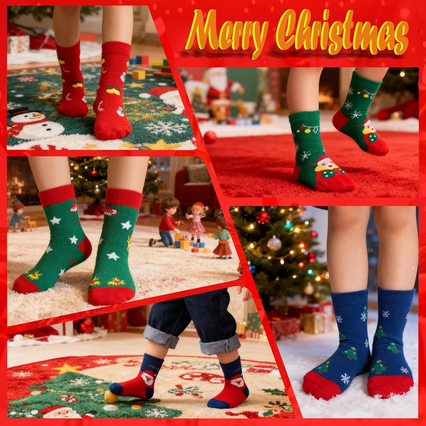 PAPPNTI 5 pairs Christmas Socks Kids Cartoon Printed Xmas Socks Toddler Baby Holiday Festival Sock Children's Santa Sock Multicolor3 XL(7-10 years) - Medaid International