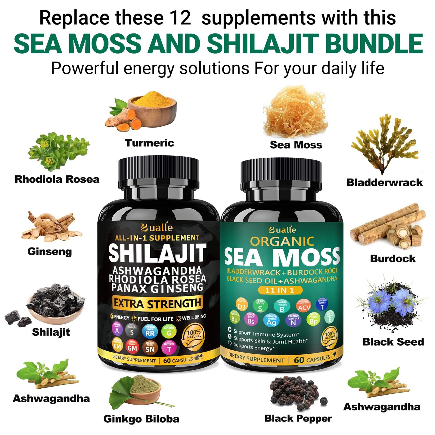 Bualle Organic Sea Moss for Women & Shilajit for Men,Ashwagandha Supplement with Black Seed Oil, Maca & Ginger, Supports Daily Wellness, Skin & Energy–120 Vegan Capsules – Organic Herbal Complex - Medaid International