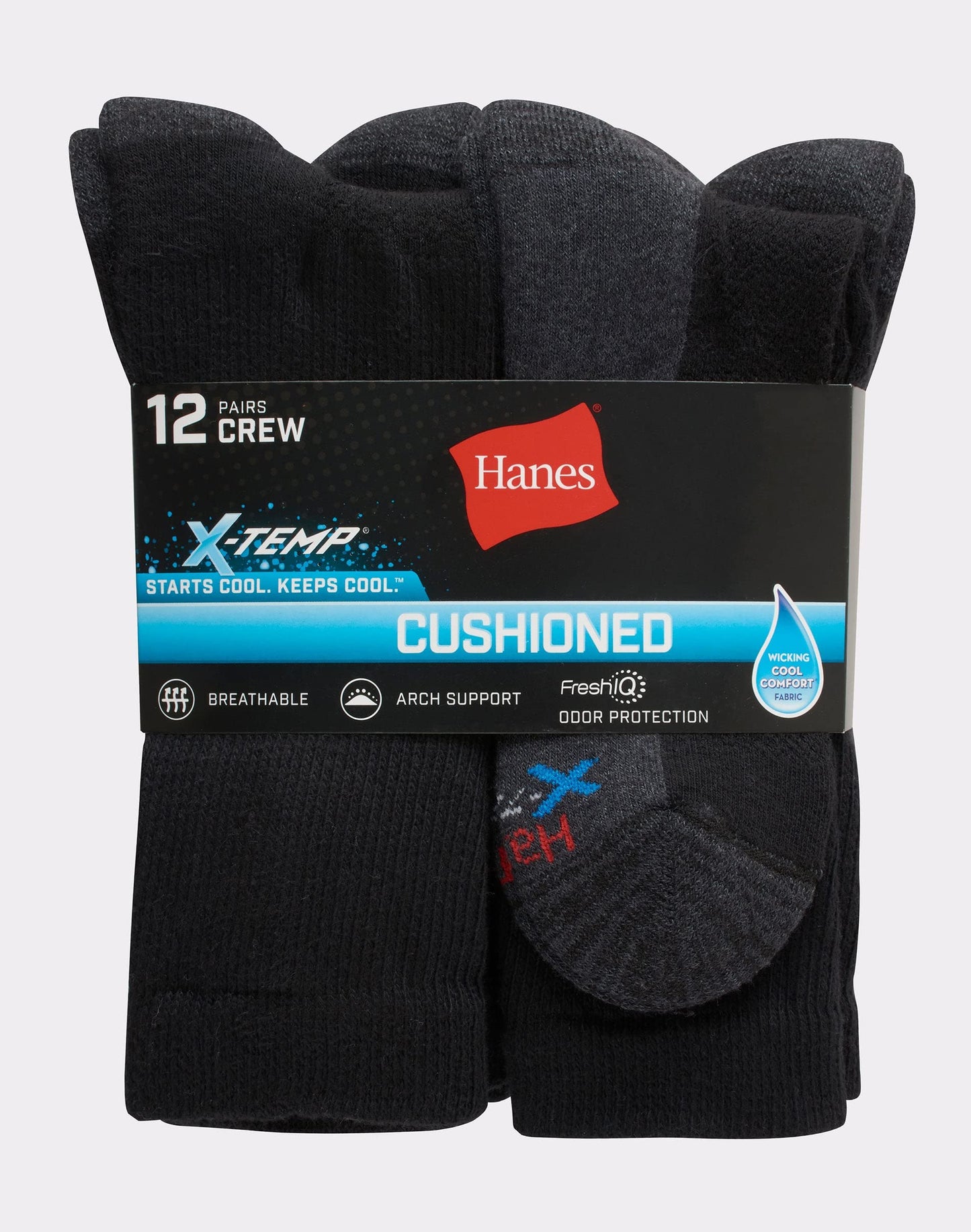 Hanes Mens Socks, X-temp Cushioned Crew 12-pack, Black, 10 US - Medaid International