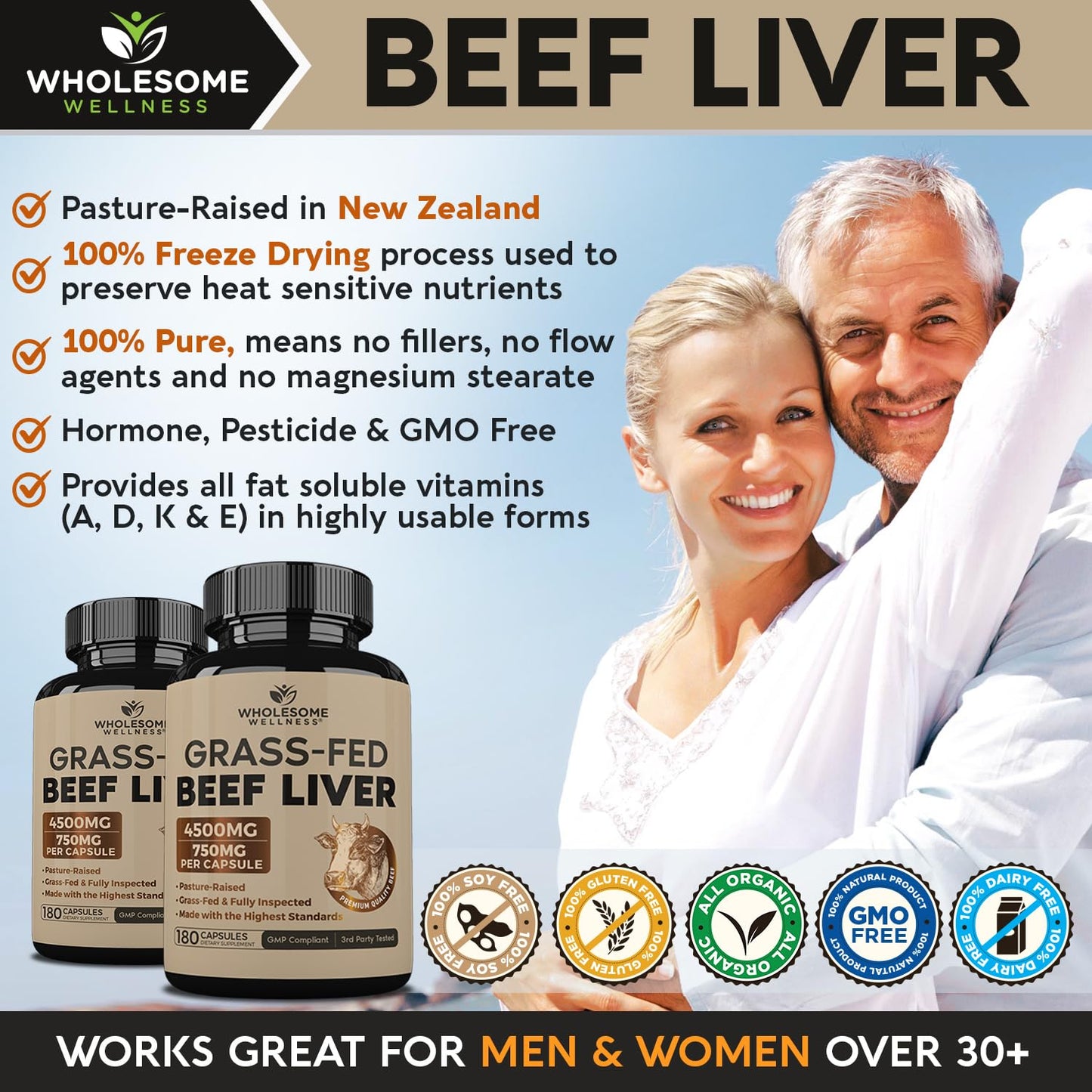 Wholesome Wellness Grass Fed Desiccated Beef Liver Capsules (180 Pills, 750mg Each) - Natural Iron, Vitamin A, B12 for Energy - Raised Undefatted in New Zealand Without Hormones or Chemicals - Medaid International