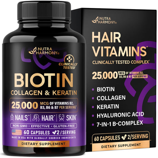 Biotin | Collagen | Hyaluronic Acid | Keratin - Clinically Tested Supplement - Hair Growth Support, Skin & Nails - 25000 mcg Vitamins B2, B3, B6 & B7 + B1 - Made in USA - Women & Men | 60 Capsules - Medaid International