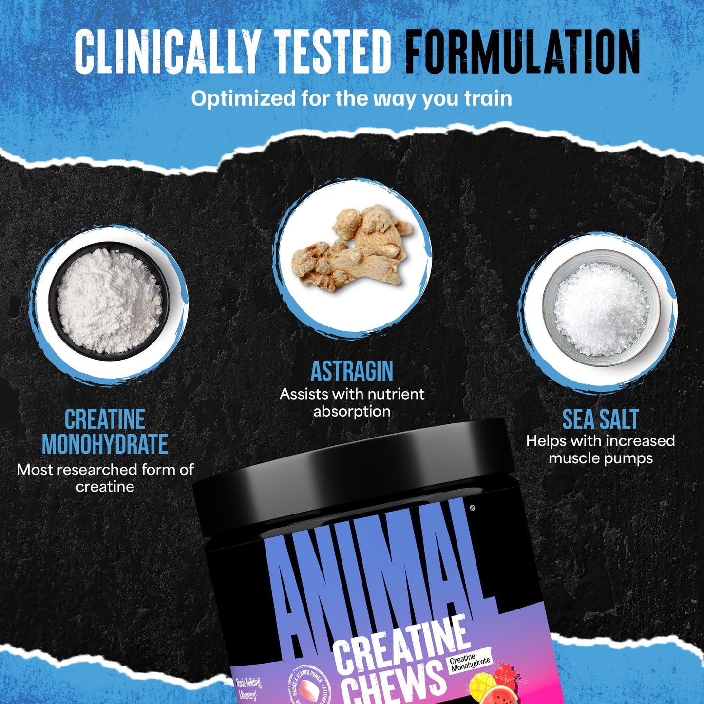 Animal Creatine Chews Tablets - Enhanced Creatine Monohydrate with AstraGin to Improve Absorption, Sea Salt for Added Pumps, Delicious and Convenient Chewable Tablets - Fruit Punch - Medaid International