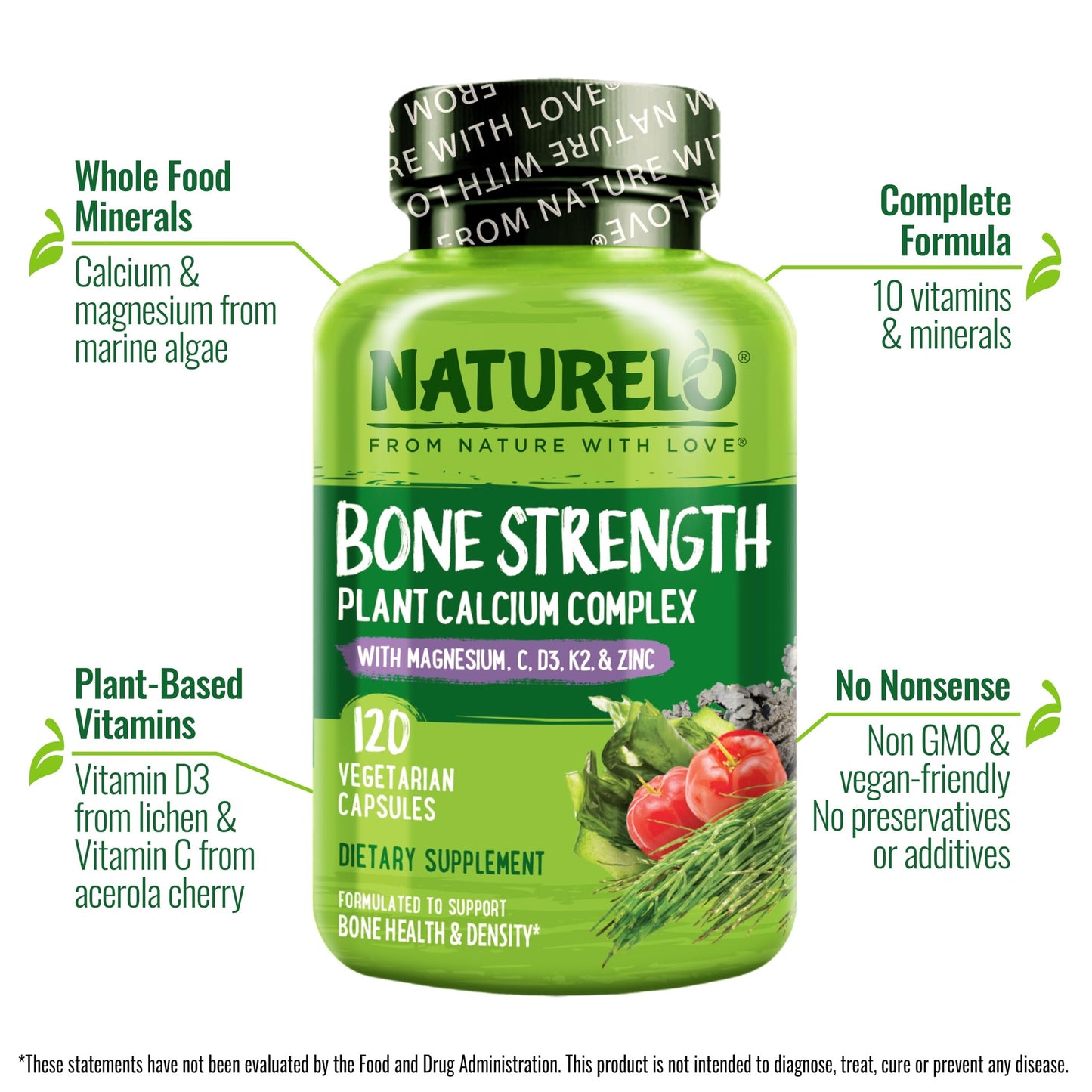 NATURELO Calcium Supplement - with Vitamin C, Vitamin D3, K2, and Calcium Magnesium Zinc for Bone Strength with Calcium 600mg - Plant-Based, 120 Vegetarian Capsules, Non-GMO, Soy & Gluten-Free - Medaid International