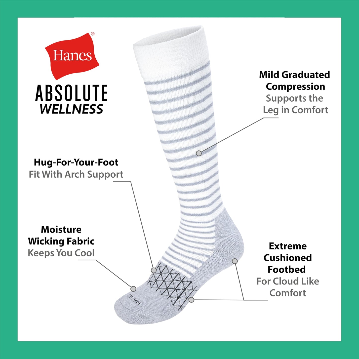 Hanes Women's Over-the-Calf Socks w/Mild Graduated Compression, Absolute Wellness Non-Binding Cushioned Socks, 3-Pack - Medaid International