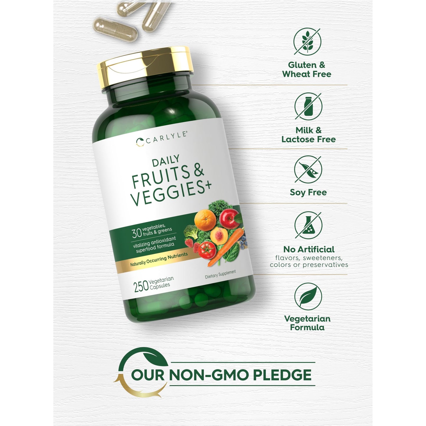 Carlyle Fruits and Veggies Supplement | 250 Capsules | Made with 30 Fruits and Vegetables | Vegetarian, Non-GMO, Gluten Free Superfood Formula - Medaid International