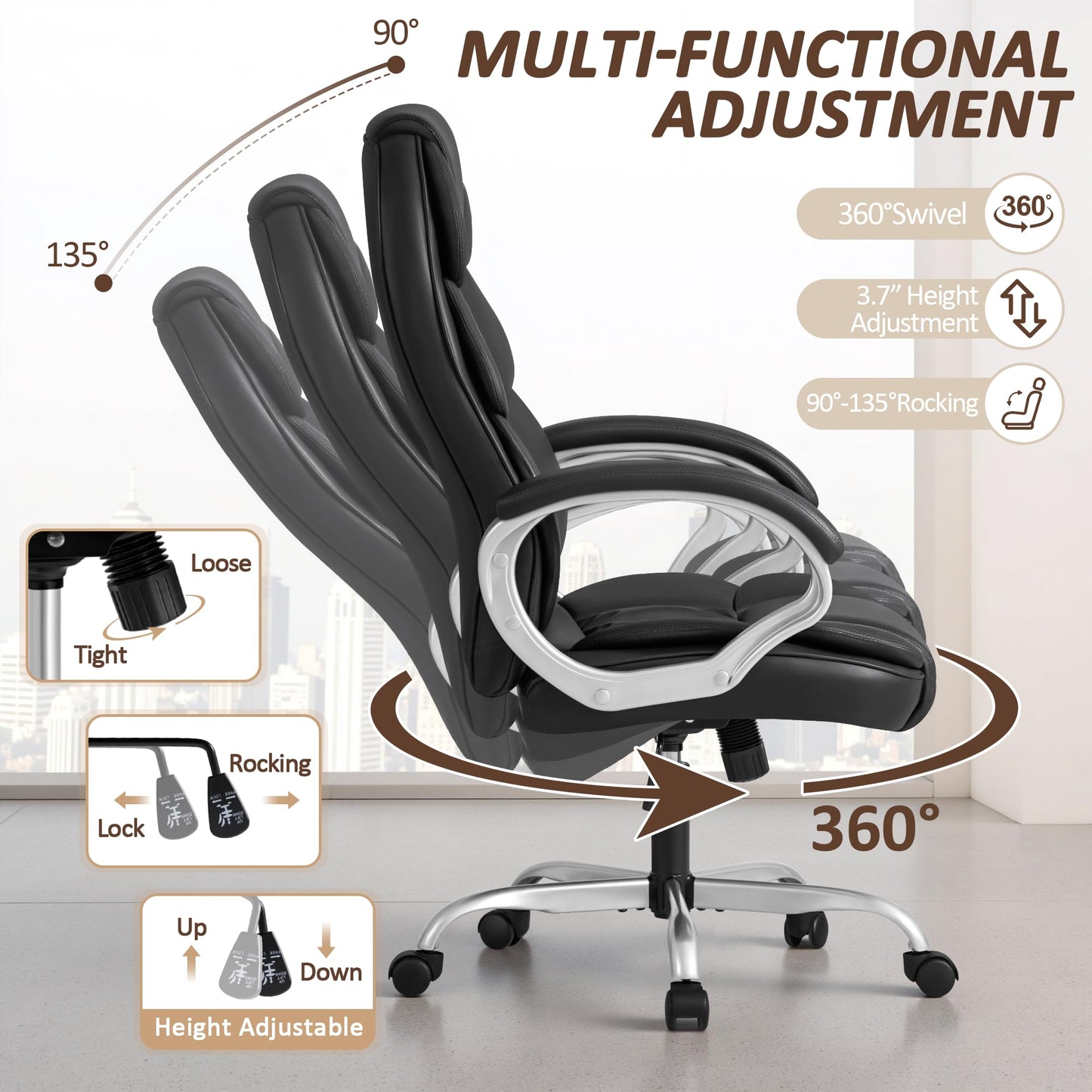 Homall Office Chair High Back Computer Desk Chair, PU Leather Adjustable Height Modern Executive Swivel Task Chair with Padded Armrests and Lumbar Support (Black) - Medaid International